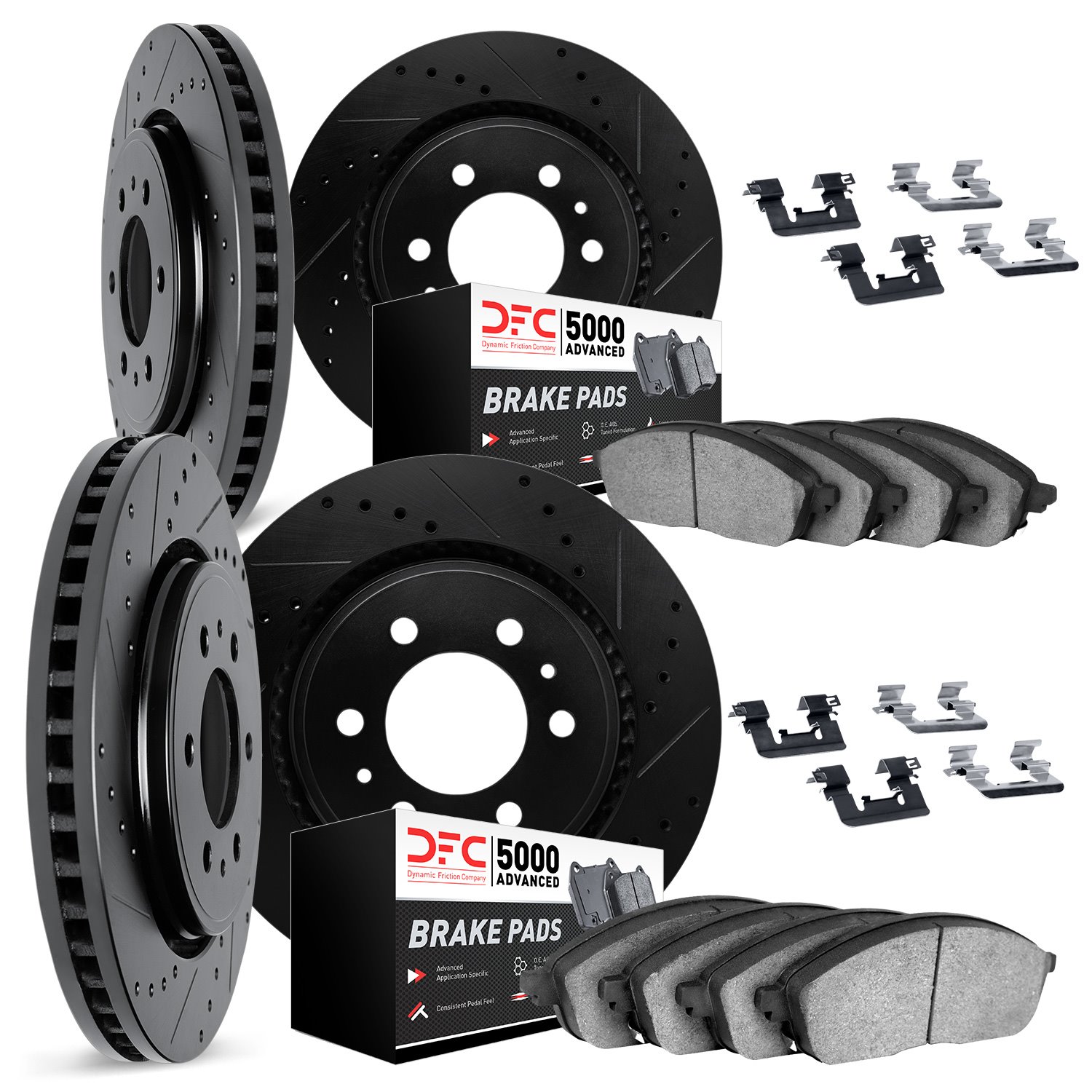 8514-48038 Drilled/Slotted Brake Rotors w/5000 Advanced Brake Pads Kit & Hardware [Black], 2017-2020 GM, Position: Front and Rea