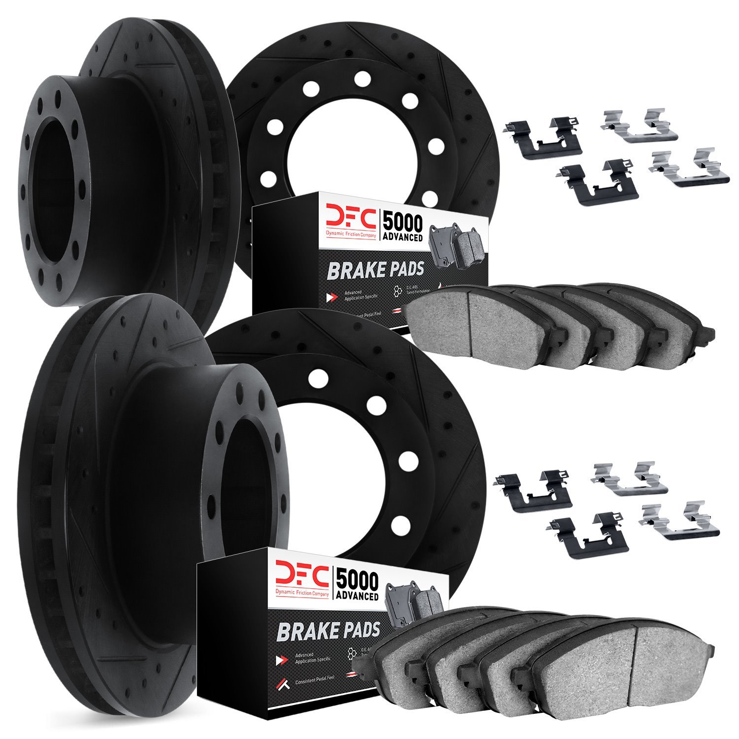 8514-48047 Drilled/Slotted Brake Rotors w/5000 Advanced Brake Pads Kit & Hardware [Black], 1998-1999 GM, Position: Front and Rea