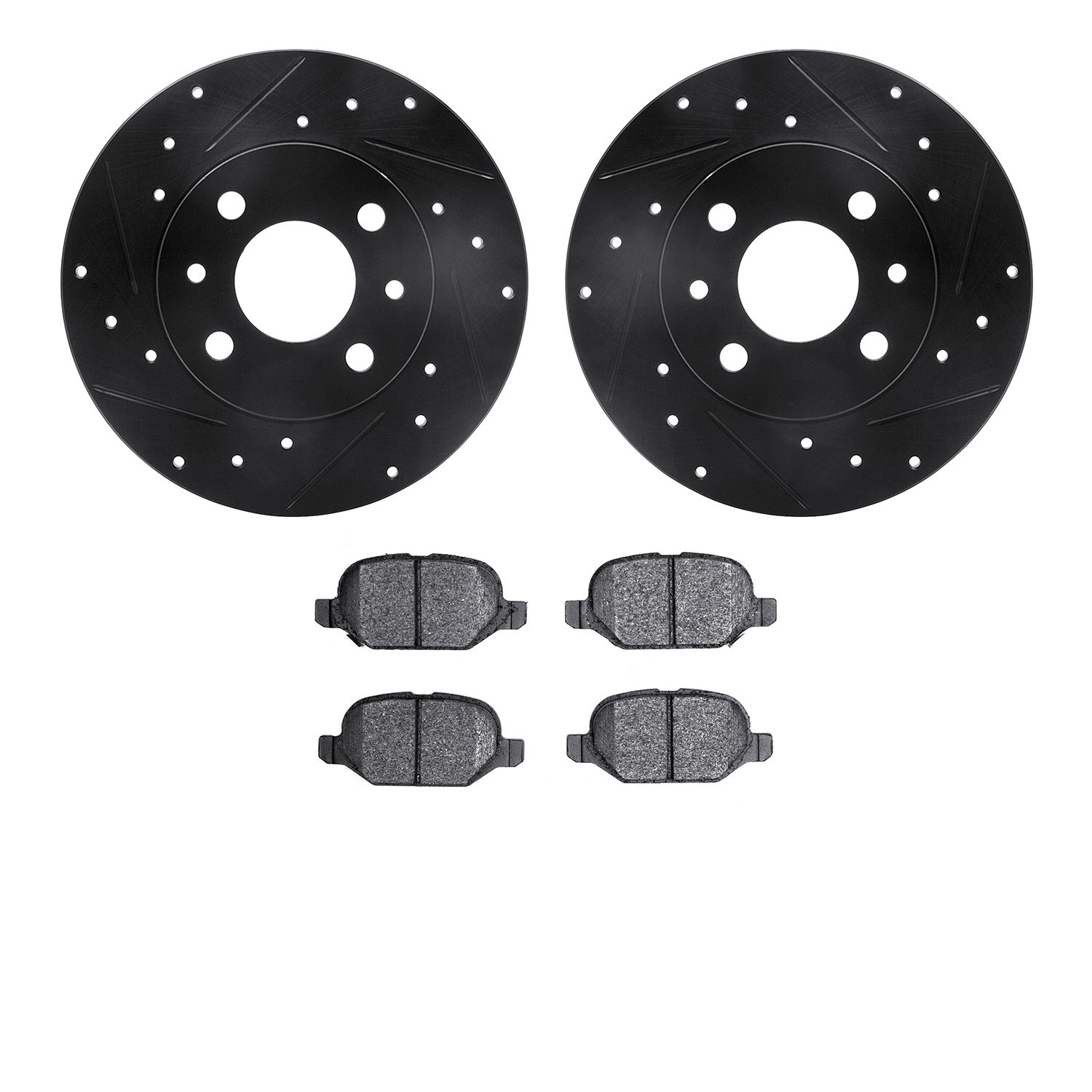 8602-07000 Drilled/Slotted Brake Rotors w/5000 Euro Ceramic Brake Pads Kit [Black], 2009-2019 Mopar, Position: Rear