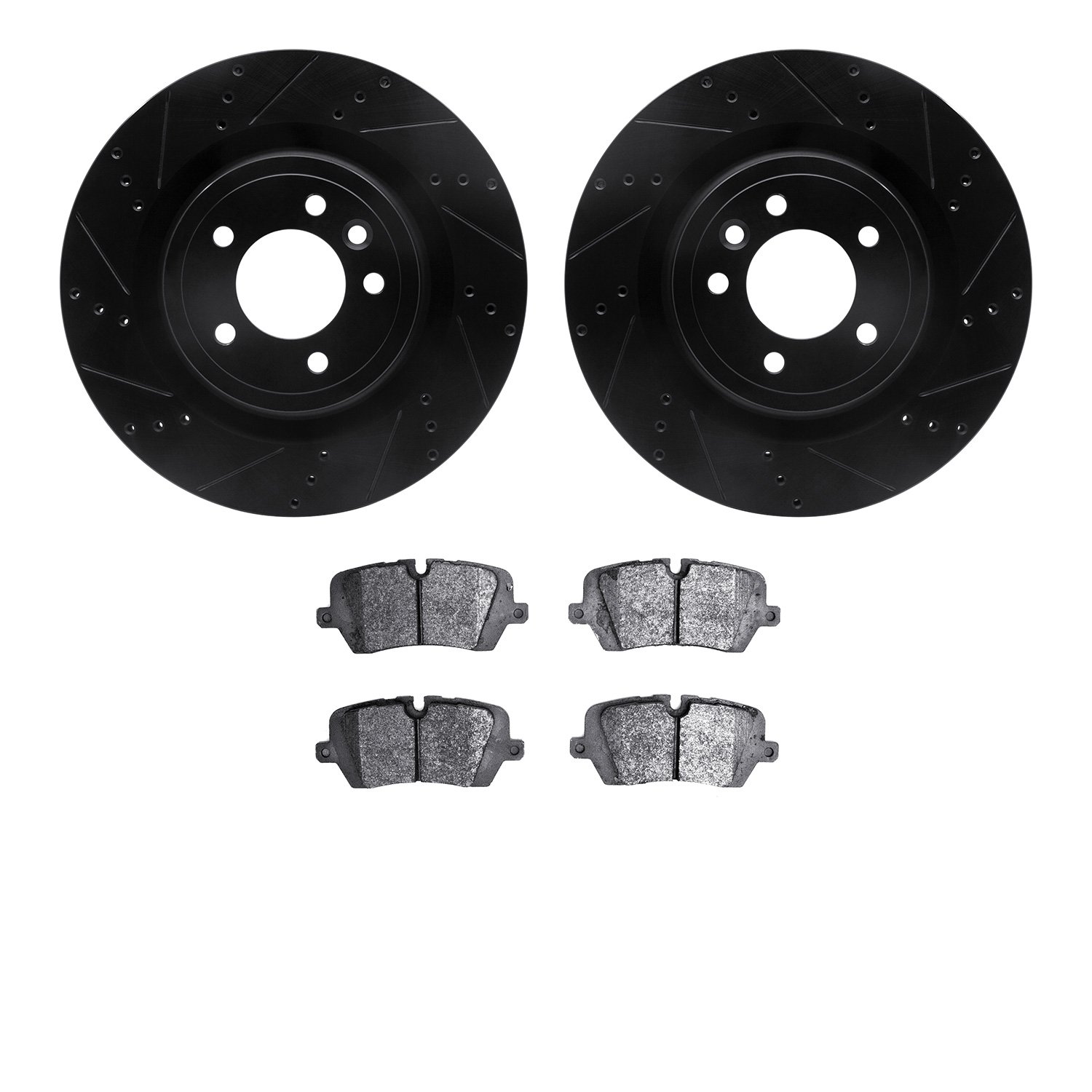 8602-11025 Drilled/Slotted Brake Rotors w/5000 Euro Ceramic Brake Pads Kit [Black], Fits Select Land Rover, Position: Rear
