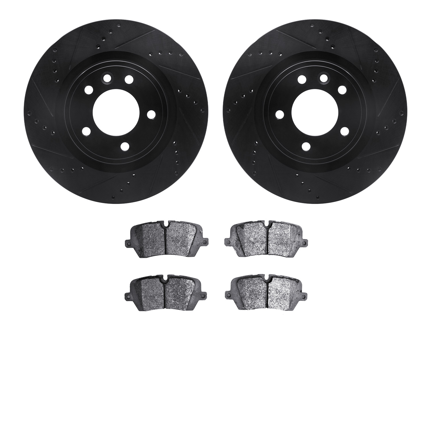 8602-11029 Drilled/Slotted Brake Rotors w/5000 Euro Ceramic Brake Pads Kit [Black], 2018-2020 Land Rover, Position: Rear