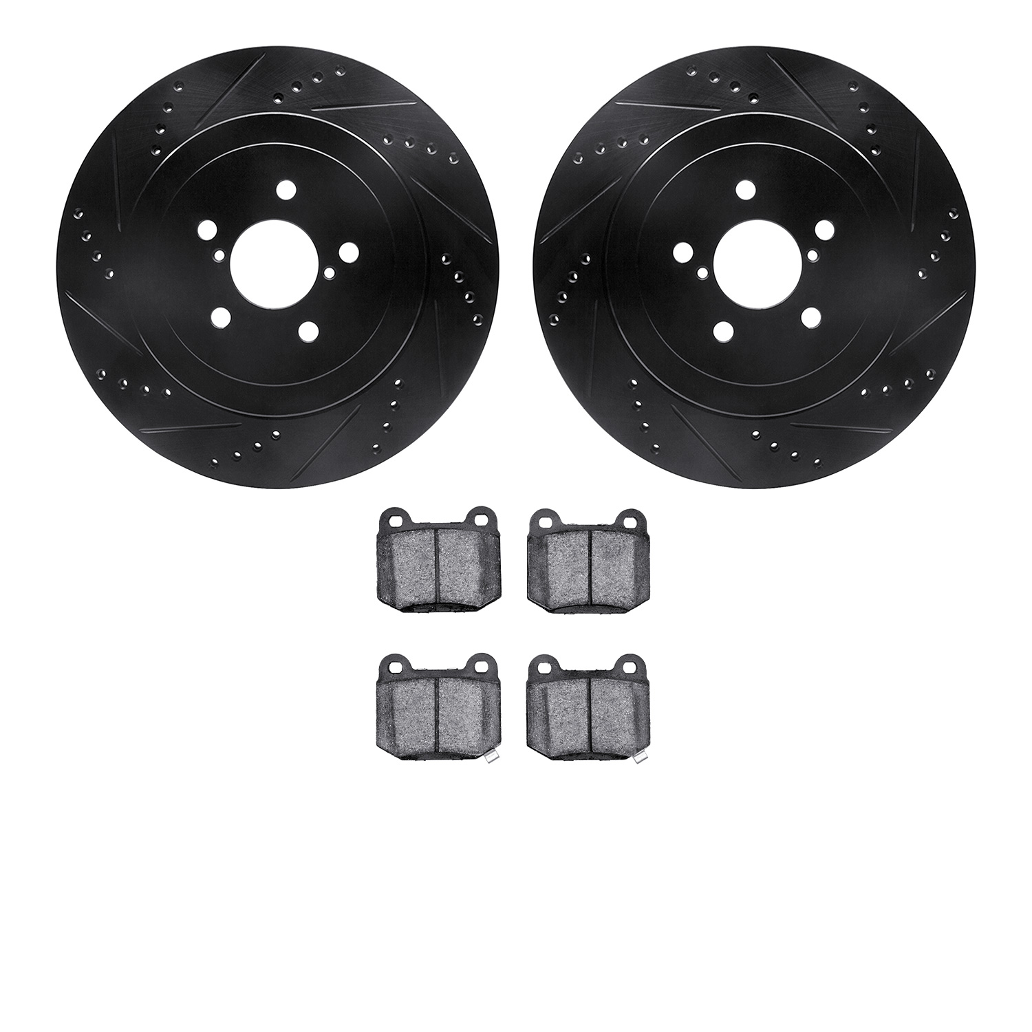 8602-13003 Drilled/Slotted Brake Rotors w/5000 Euro Ceramic Brake Pads Kit [Black], 2003-2004 Subaru, Position: Rear