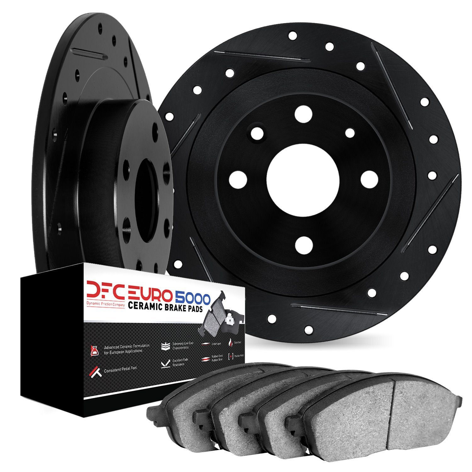 8602-16000 Drilled/Slotted Brake Rotors w/5000 Euro Ceramic Brake Pads Kit [Black], 1964-1994 Alfa Romeo, Position: Rear