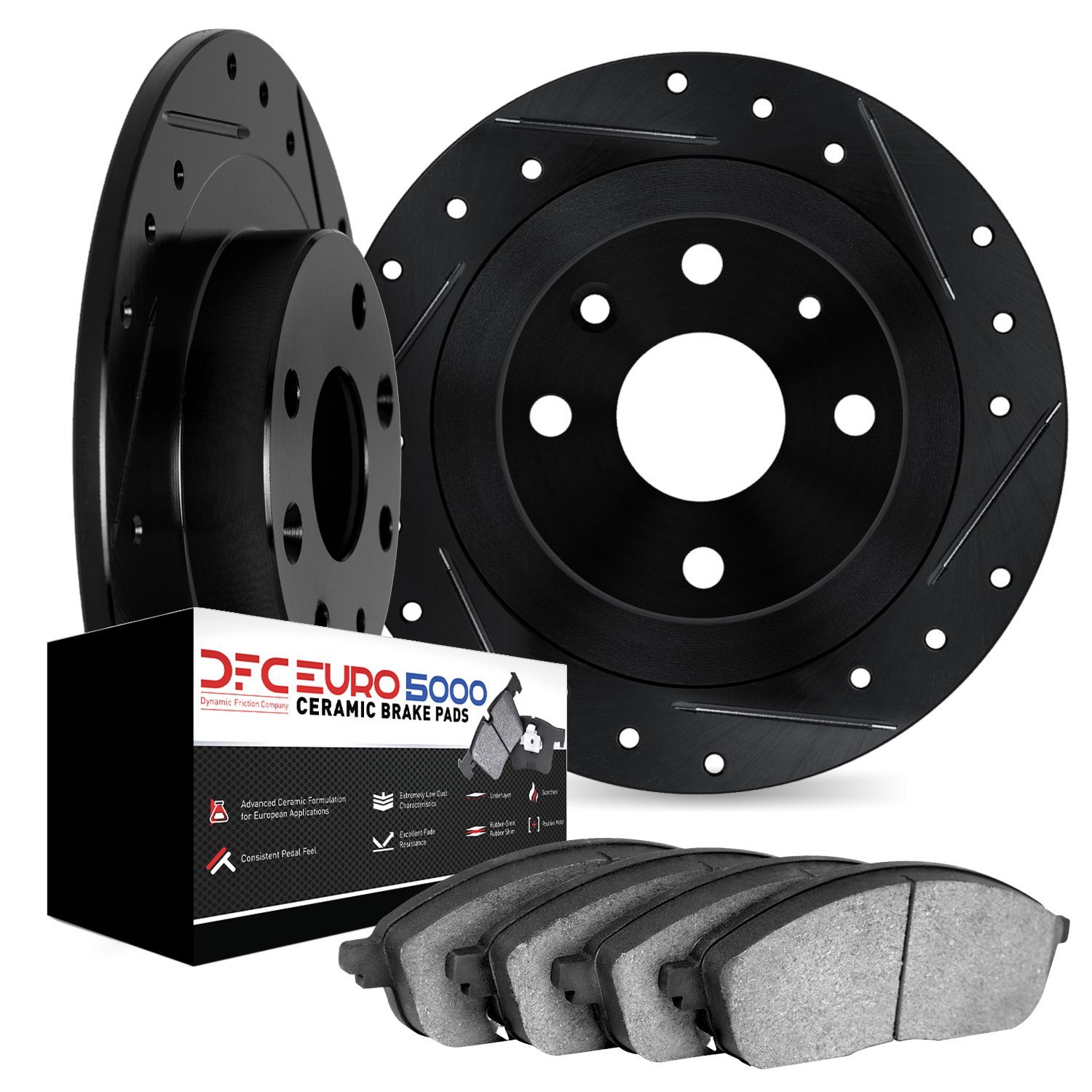 8602-16004 Drilled/Slotted Brake Rotors w/5000 Euro Ceramic Brake Pads Kit [Black], 1969-1994 Alfa Romeo, Position: Front