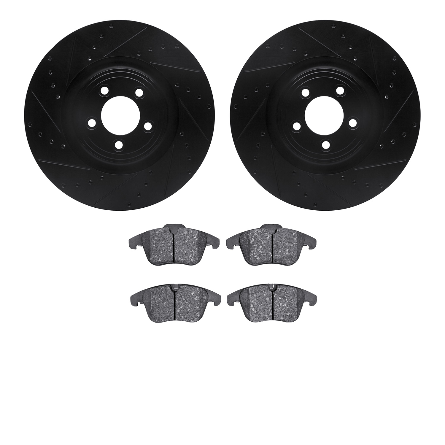 8602-20018 Drilled/Slotted Brake Rotors w/5000 Euro Ceramic Brake Pads Kit [Black], 2013-2015 Jaguar, Position: Front