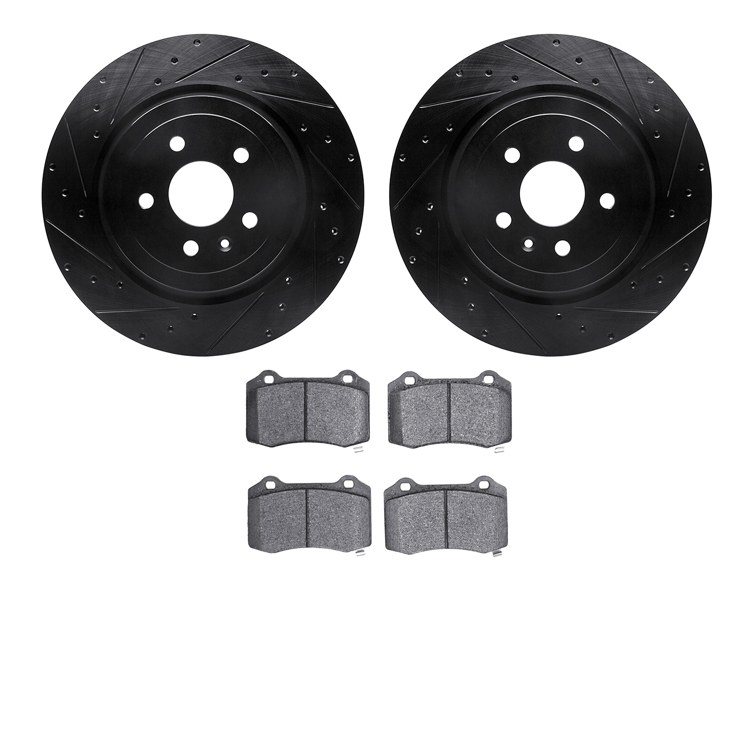 8602-26000 Drilled/Slotted Brake Rotors w/5000 Euro Ceramic Brake Pads Kit [Black], 2012-2020 Tesla, Position: Rear