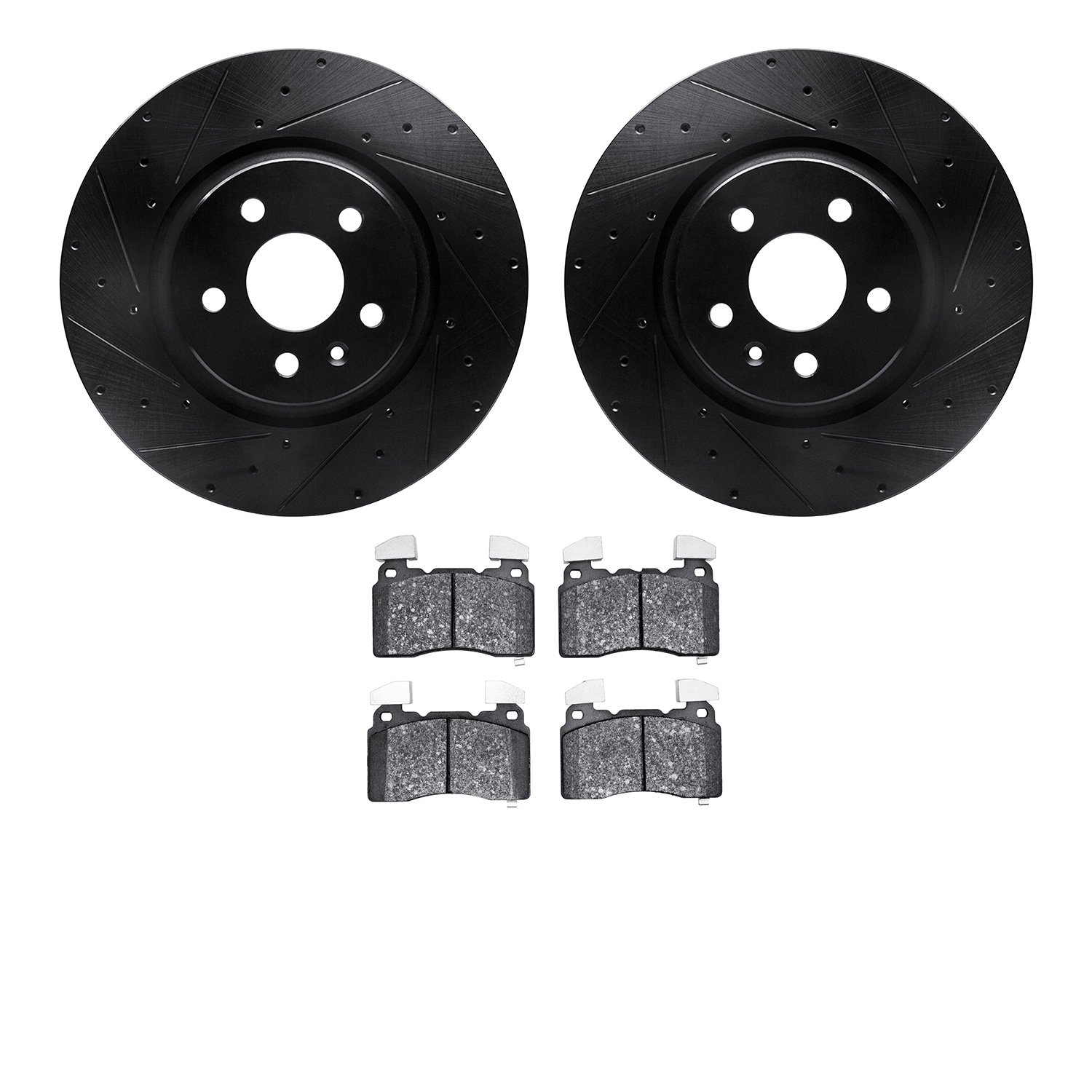 8602-26002 Drilled/Slotted Brake Rotors w/5000 Euro Ceramic Brake Pads Kit [Black], 2012-2013 Tesla, Position: Front