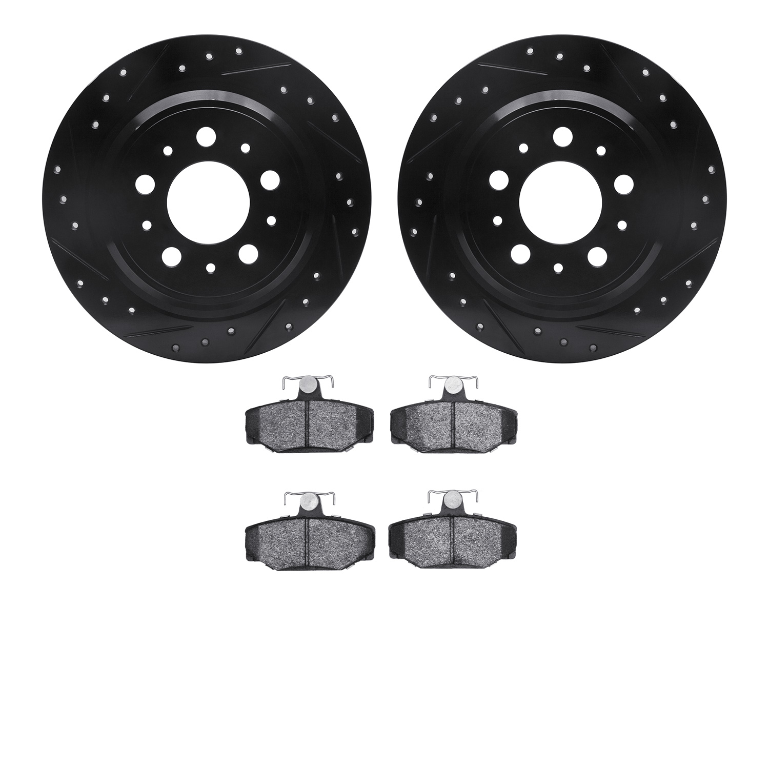 8602-27024 Drilled/Slotted Brake Rotors w/5000 Euro Ceramic Brake Pads Kit [Black], 1998-2000 Volvo, Position: Rear