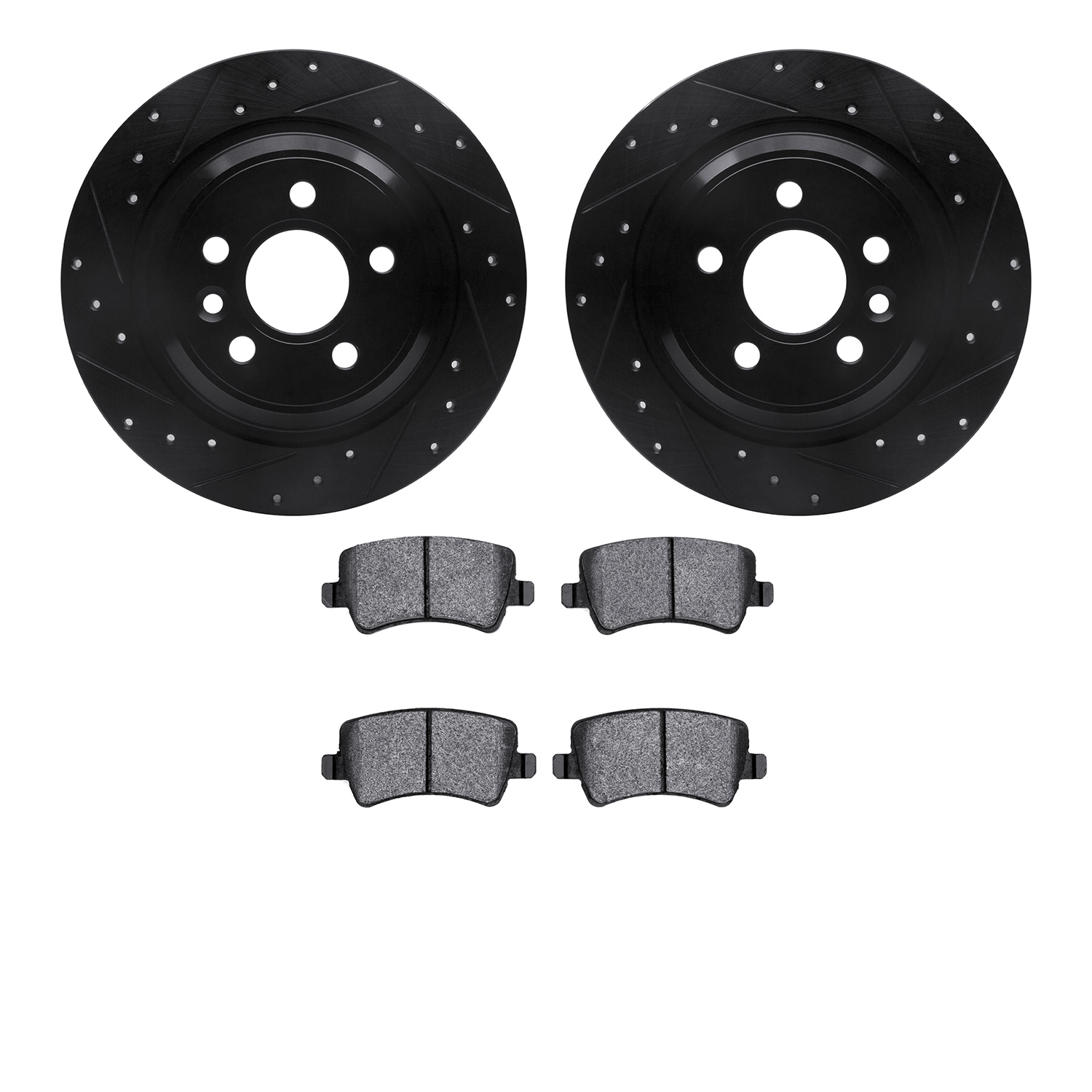 8602-27036 Drilled/Slotted Brake Rotors w/5000 Euro Ceramic Brake Pads Kit [Black], 2007-2018 Volvo, Position: Rear