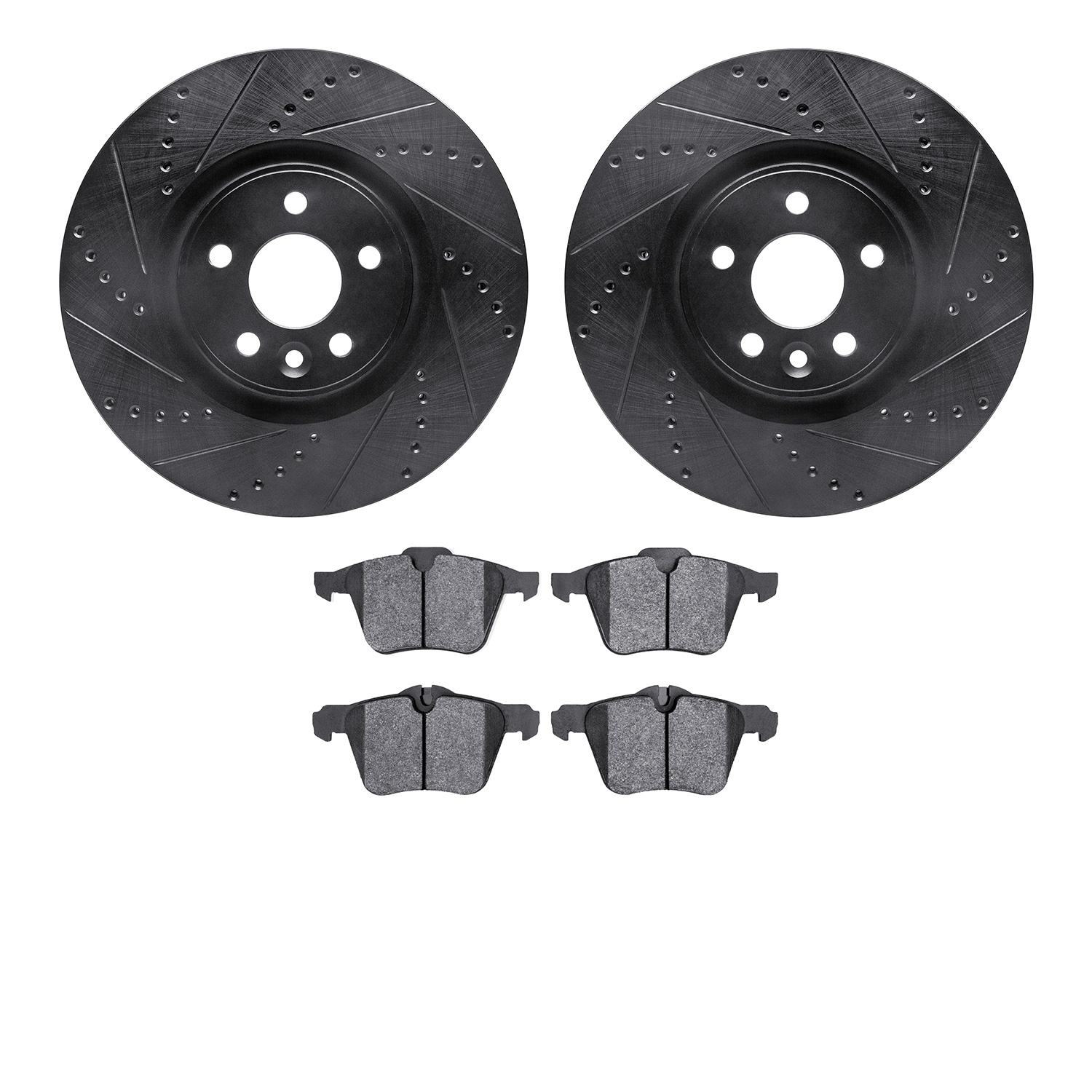 8602-27037 Drilled/Slotted Brake Rotors w/5000 Euro Ceramic Brake Pads Kit [Black], 2007-2016 Volvo, Position: Front