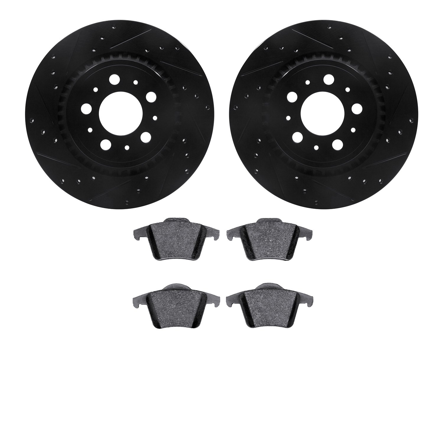 8602-27040 Drilled/Slotted Brake Rotors w/5000 Euro Ceramic Brake Pads Kit [Black], 2003-2014 Volvo, Position: Rear
