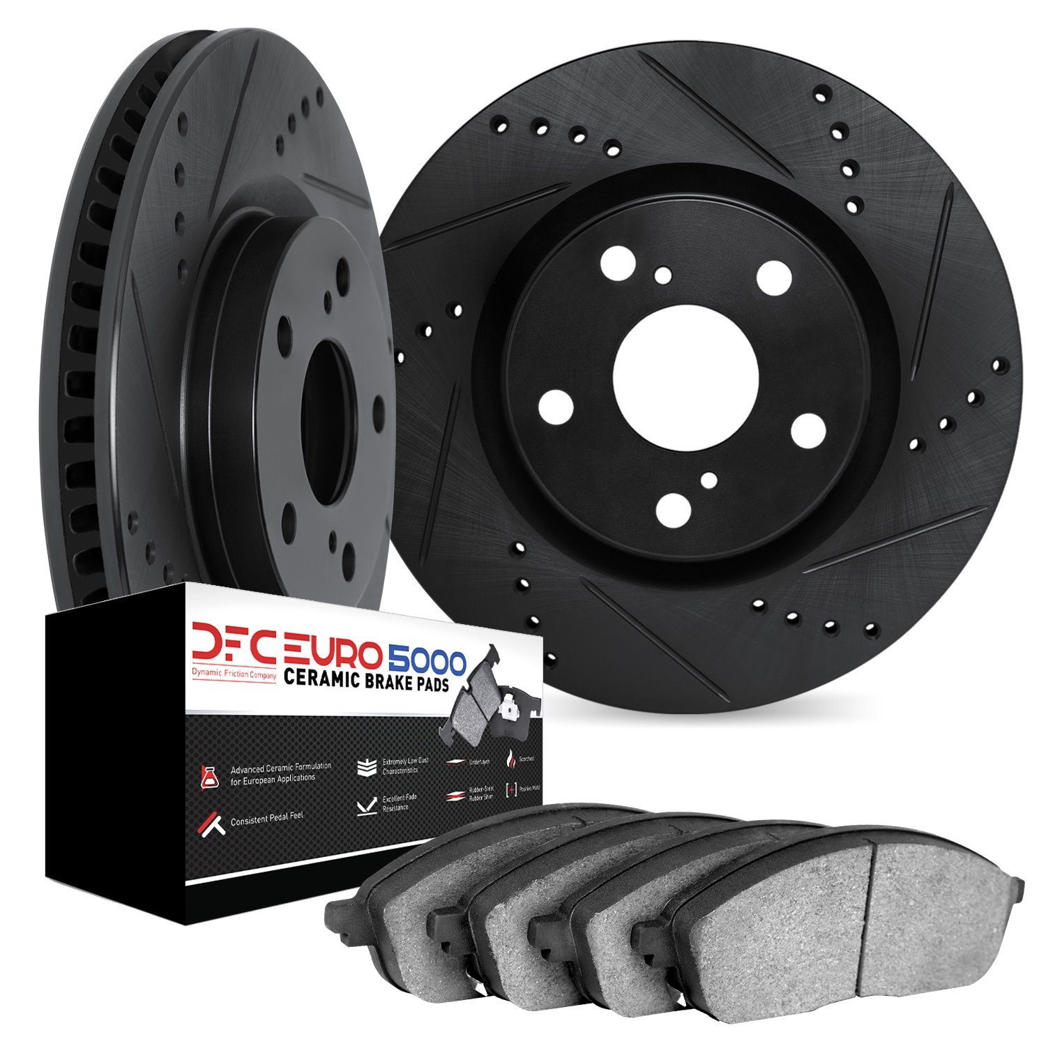 8602-27051 Drilled/Slotted Brake Rotors w/5000 Euro Ceramic Brake Pads Kit [Black], Fits Select Volvo, Position: Front