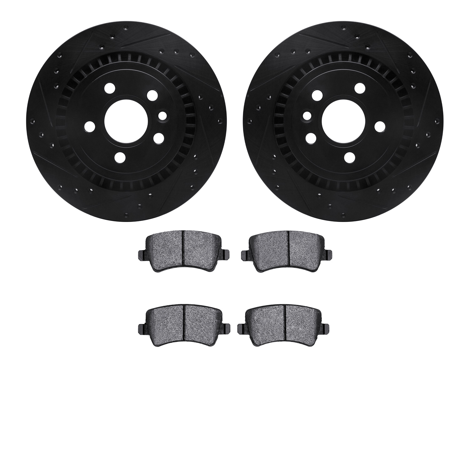 8602-27052 Drilled/Slotted Brake Rotors w/5000 Euro Ceramic Brake Pads Kit [Black], 2008-2018 Volvo, Position: Rear