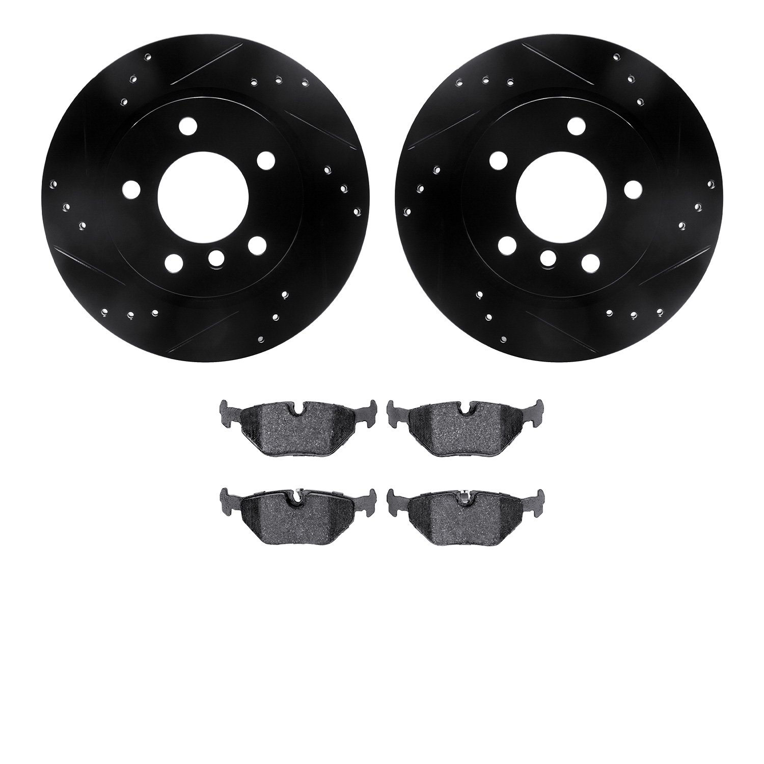 8602-31054 Drilled/Slotted Brake Rotors w/5000 Euro Ceramic Brake Pads Kit [Black], 2003-2008 BMW, Position: Rear