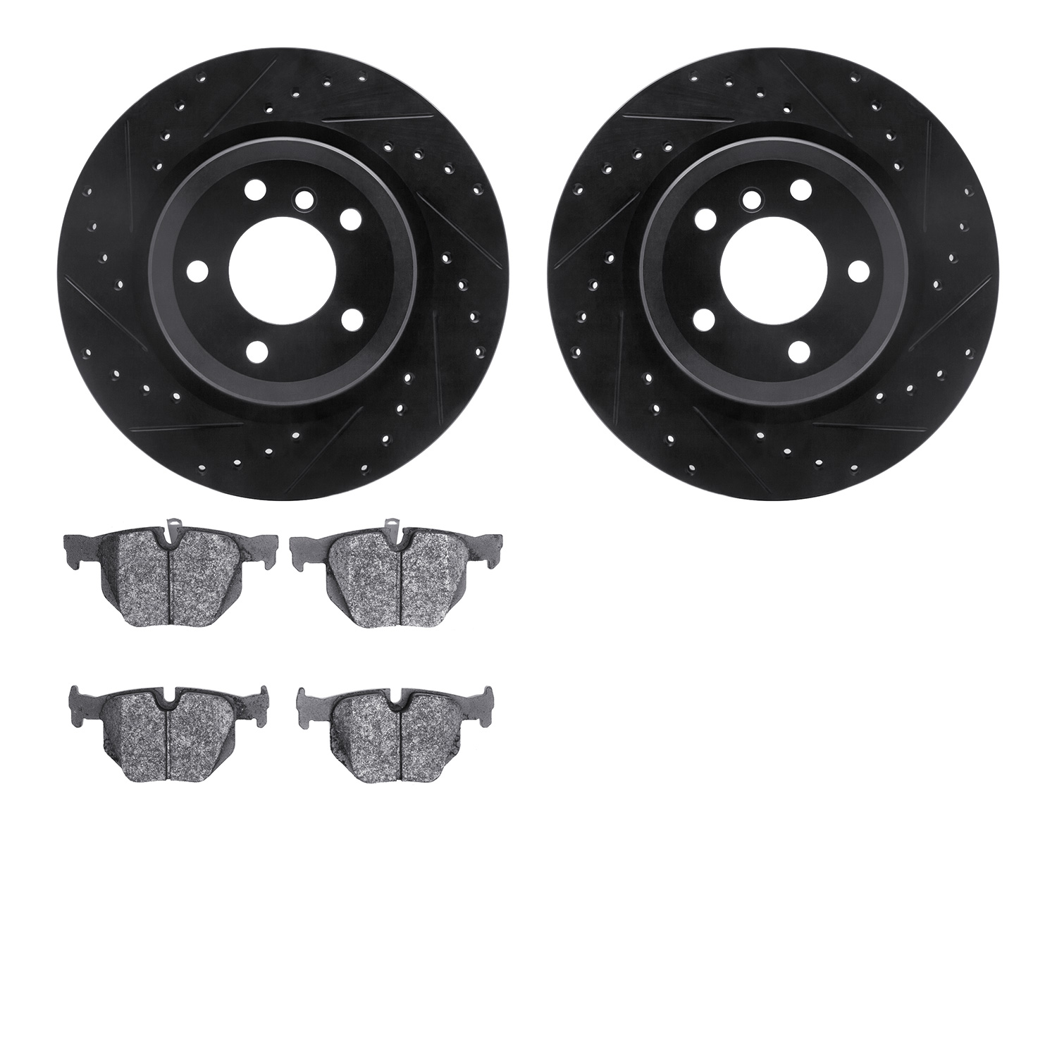 8602-31065 Drilled/Slotted Brake Rotors w/5000 Euro Ceramic Brake Pads Kit [Black], 2006-2015 BMW, Position: Rear