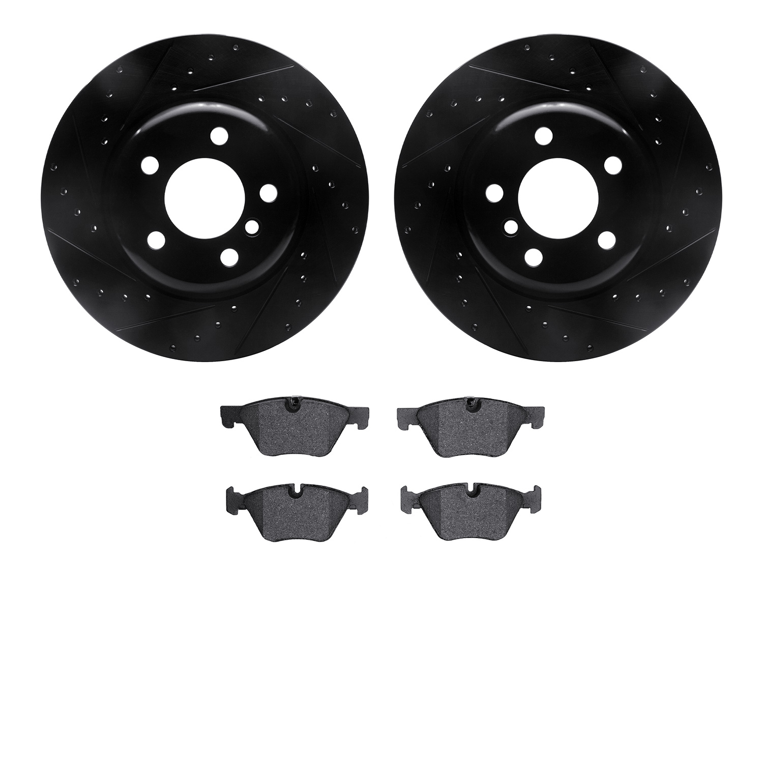 8602-31086 Drilled/Slotted Brake Rotors w/5000 Euro Ceramic Brake Pads Kit [Black], 2011-2016 BMW, Position: Front