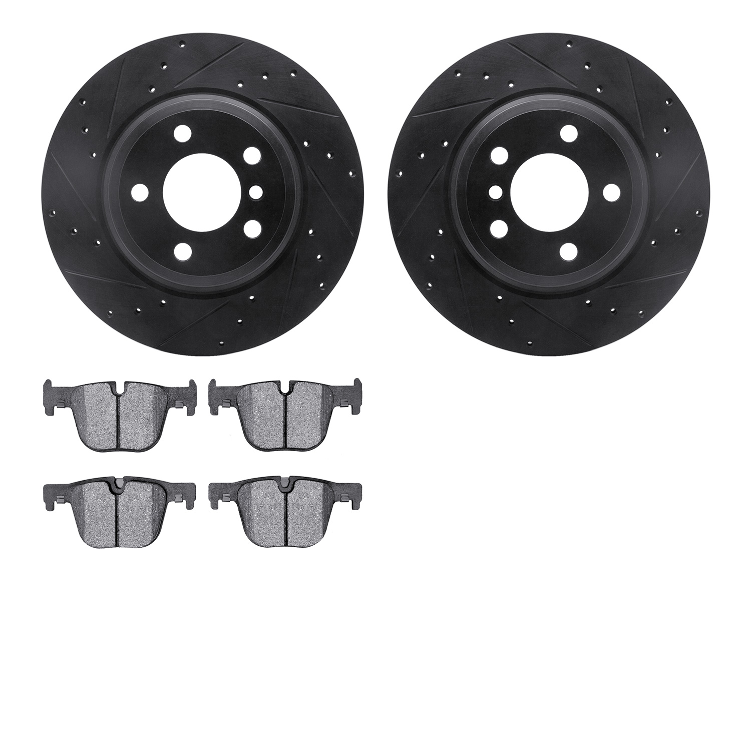 8602-31093 Drilled/Slotted Brake Rotors w/5000 Euro Ceramic Brake Pads Kit [Black], 2012-2020 BMW, Position: Rear