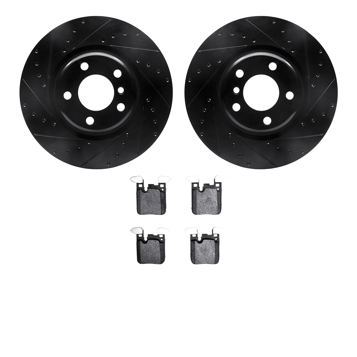 8602-31096 Drilled/Slotted Brake Rotors w/5000 Euro Ceramic Brake Pads Kit [Black], 2012-2020 BMW, Position: Rear