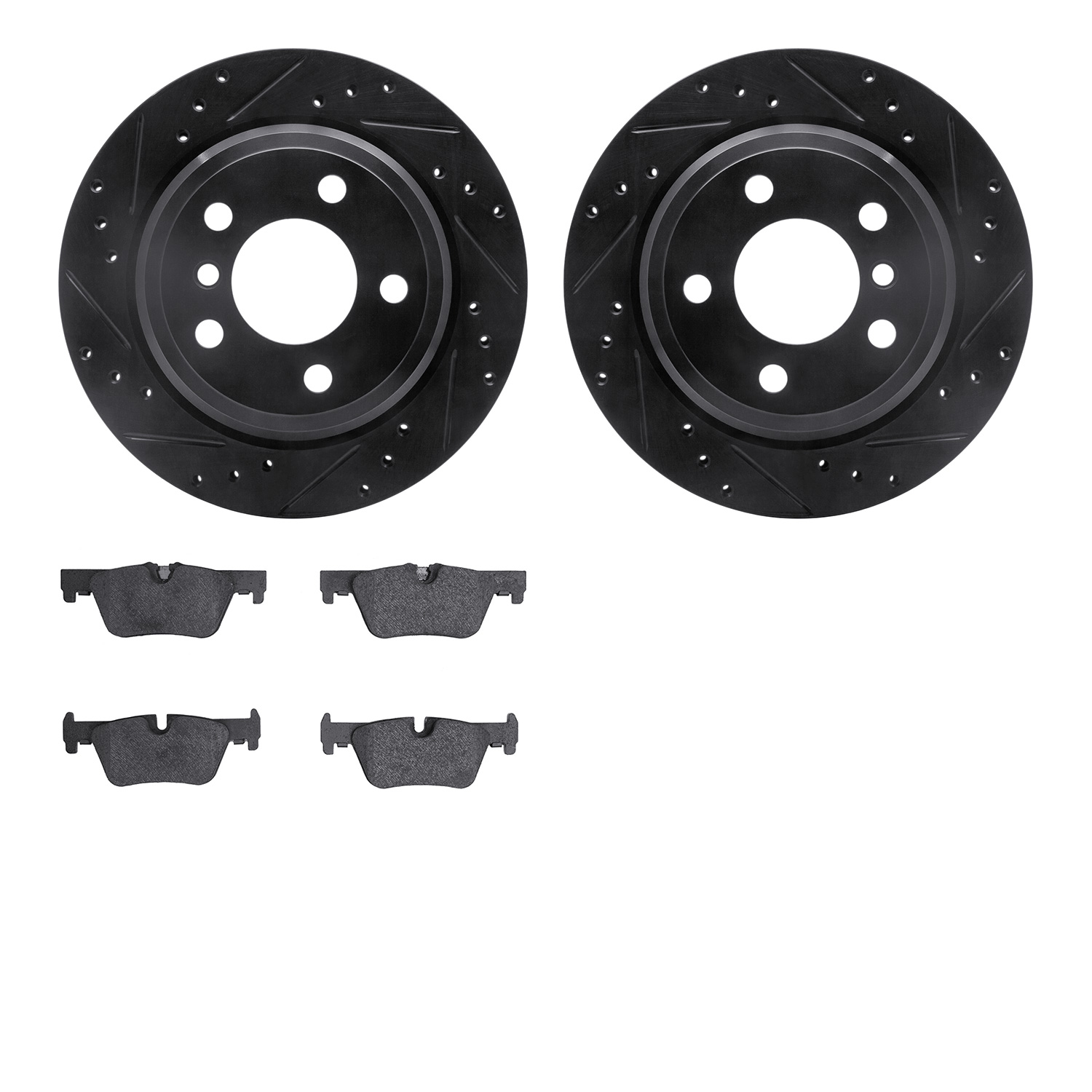 8602-31098 Drilled/Slotted Brake Rotors w/5000 Euro Ceramic Brake Pads Kit [Black], 2013-2020 BMW, Position: Rear