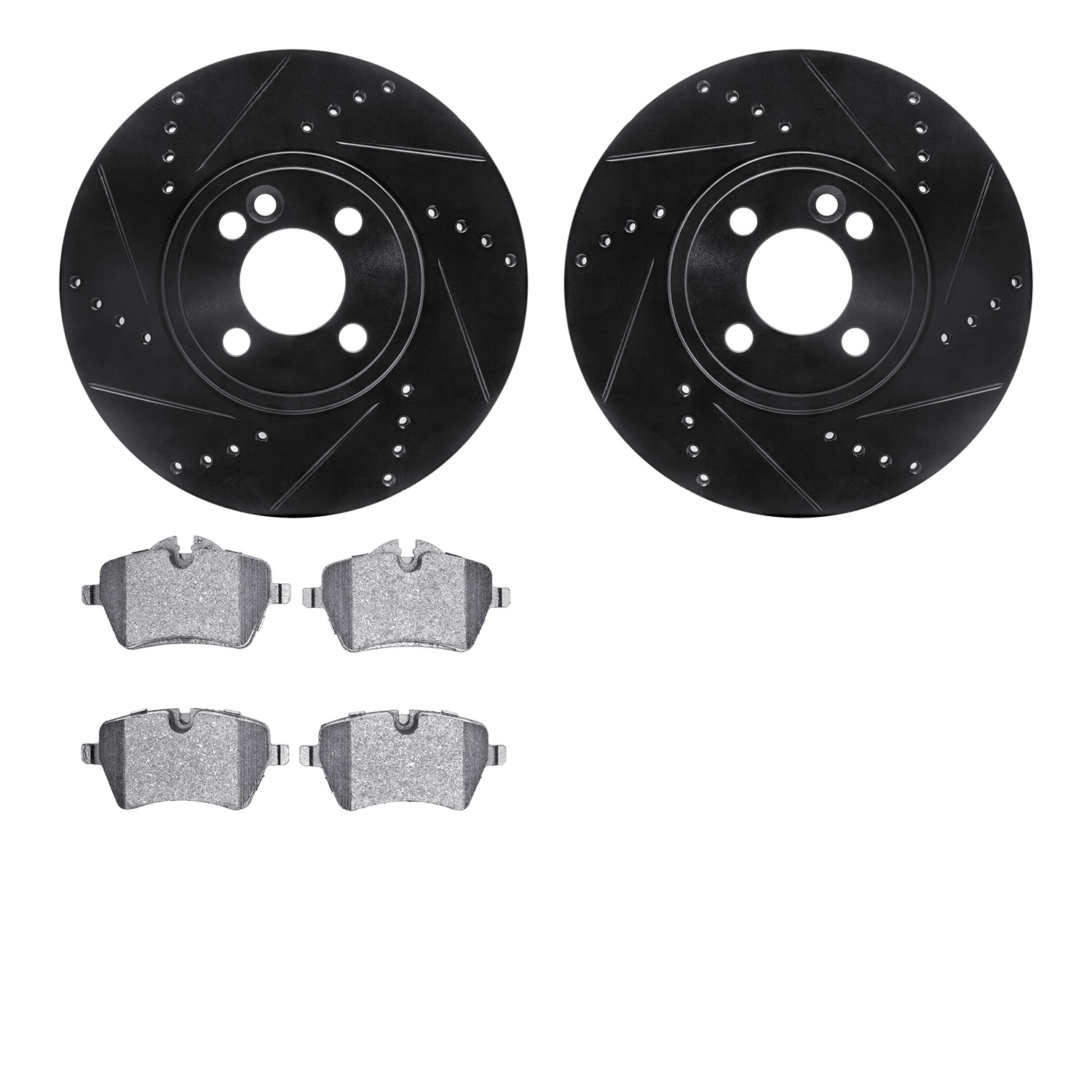 8602-32007 Drilled/Slotted Brake Rotors w/5000 Euro Ceramic Brake Pads Kit [Black], 2007-2015 Mini, Position: Front