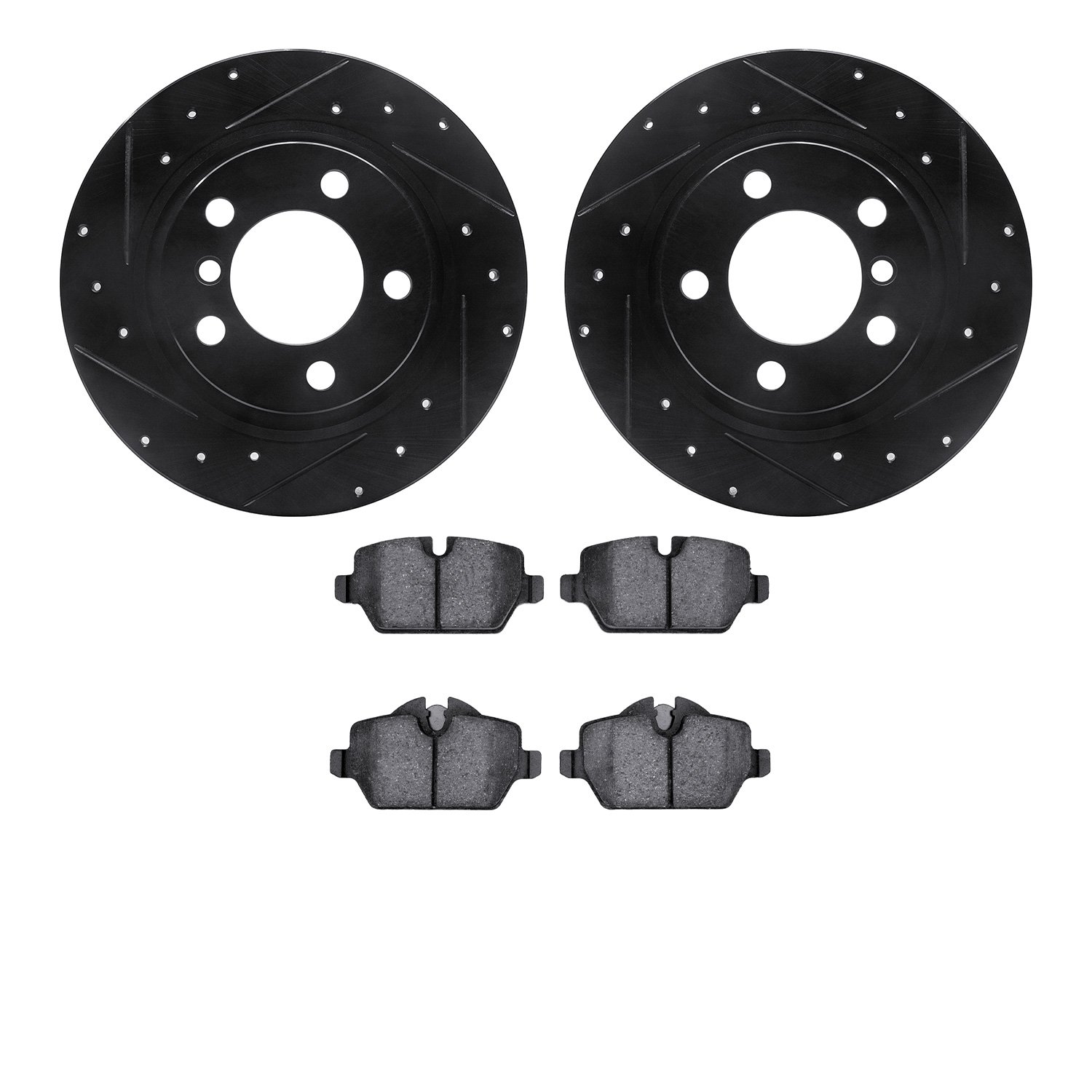 8602-32012 Drilled/Slotted Brake Rotors w/5000 Euro Ceramic Brake Pads Kit [Black], 2013-2016 Mini, Position: Rear