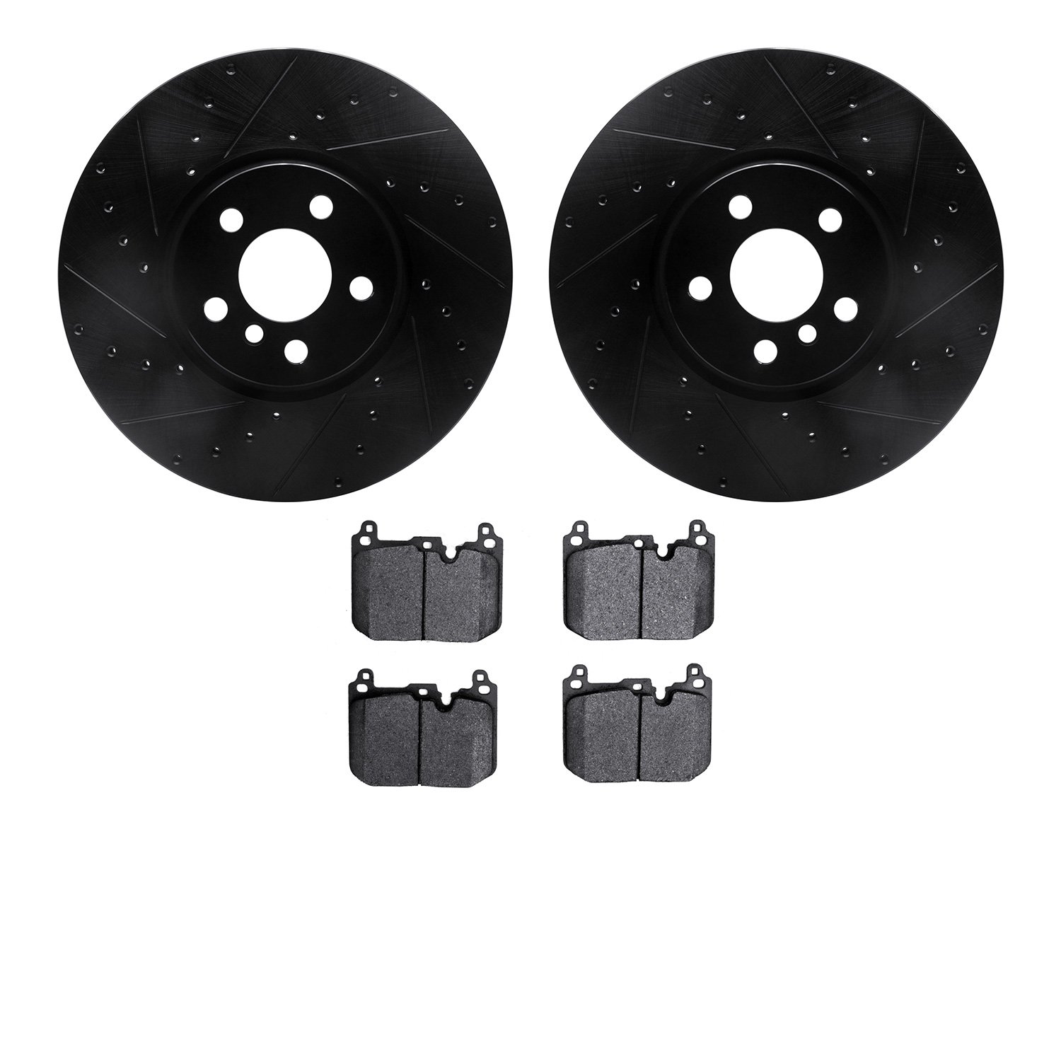 8602-32019 Drilled/Slotted Brake Rotors w/5000 Euro Ceramic Brake Pads Kit [Black], 2015-2019 Mini, Position: Front
