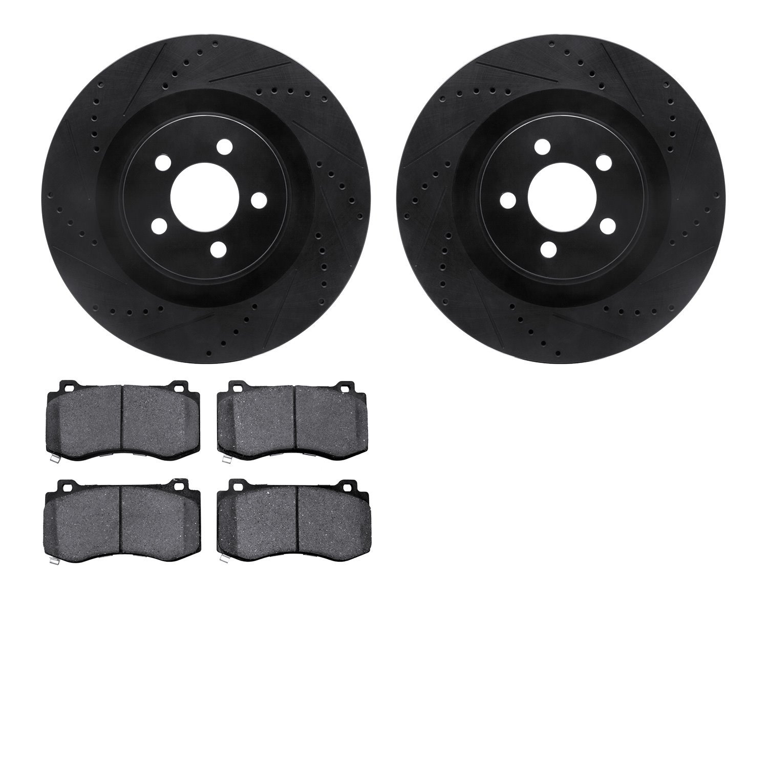 8602-39000 Drilled/Slotted Brake Rotors w/5000 Euro Ceramic Brake Pads Kit [Black], Fits Select Mopar, Position: Front