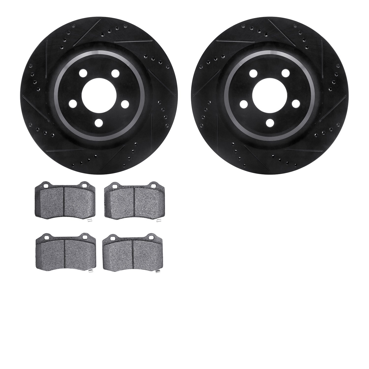 8602-39001 Drilled/Slotted Brake Rotors w/5000 Euro Ceramic Brake Pads Kit [Black], Fits Select Mopar, Position: Rear