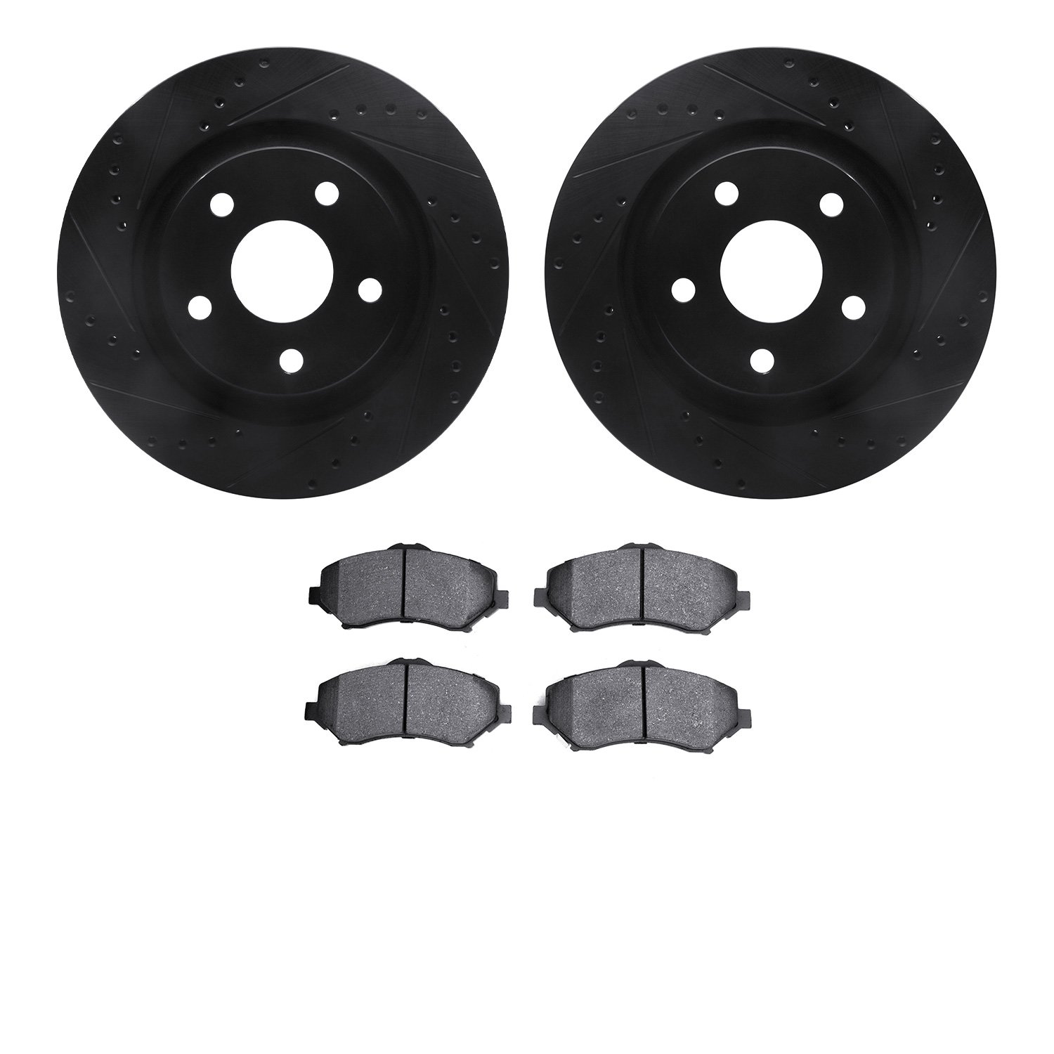 8602-42012 Drilled/Slotted Brake Rotors w/5000 Euro Ceramic Brake Pads Kit [Black], 2012-2018 Mopar, Position: Front