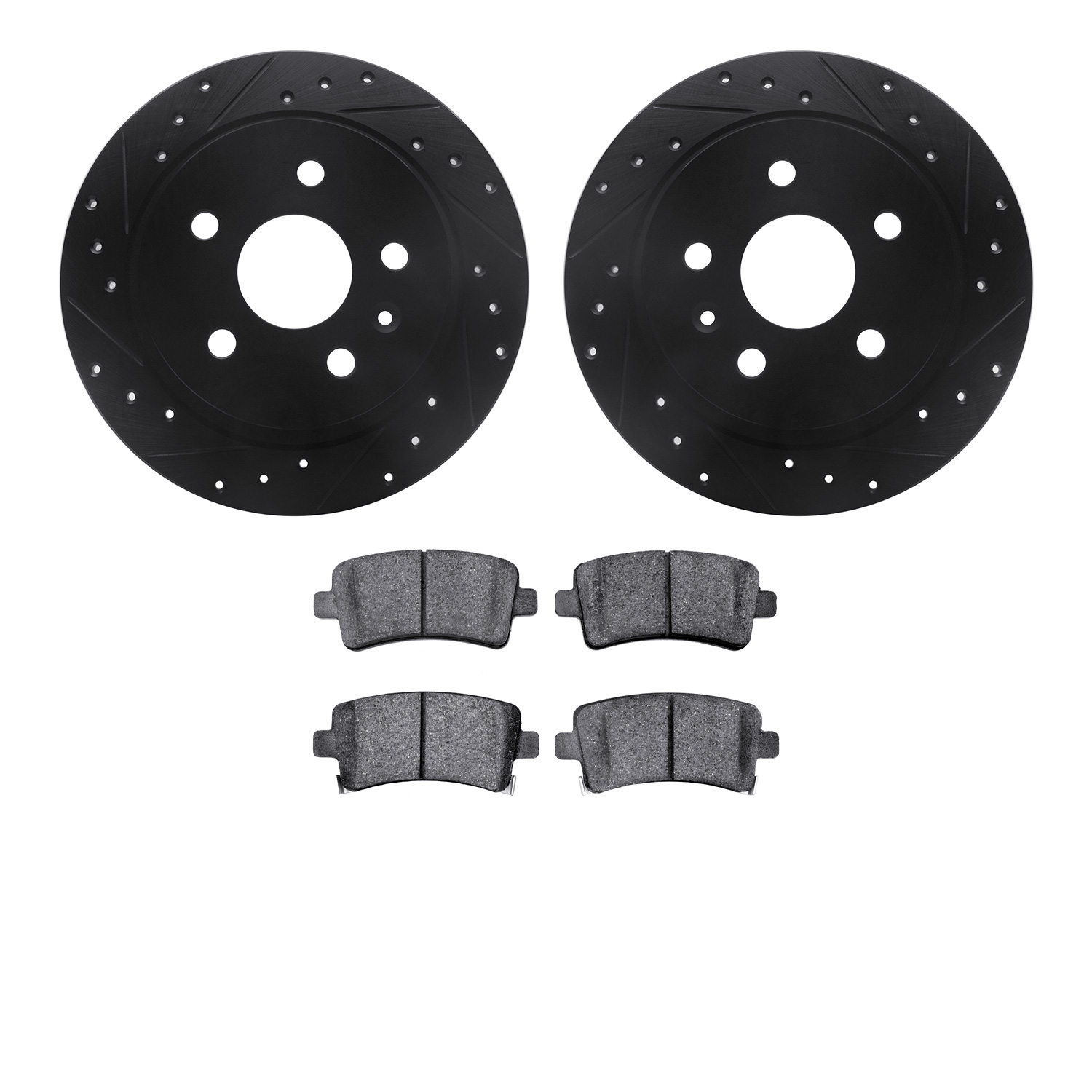 8602-45003 Drilled/Slotted Brake Rotors w/5000 Euro Ceramic Brake Pads Kit [Black], 2011-2016 GM, Position: Rear