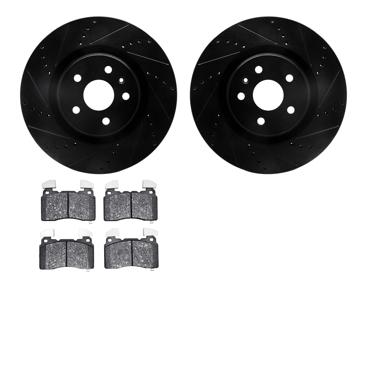 8602-45008 Drilled/Slotted Brake Rotors w/5000 Euro Ceramic Brake Pads Kit [Black], 2014-2017 GM, Position: Front