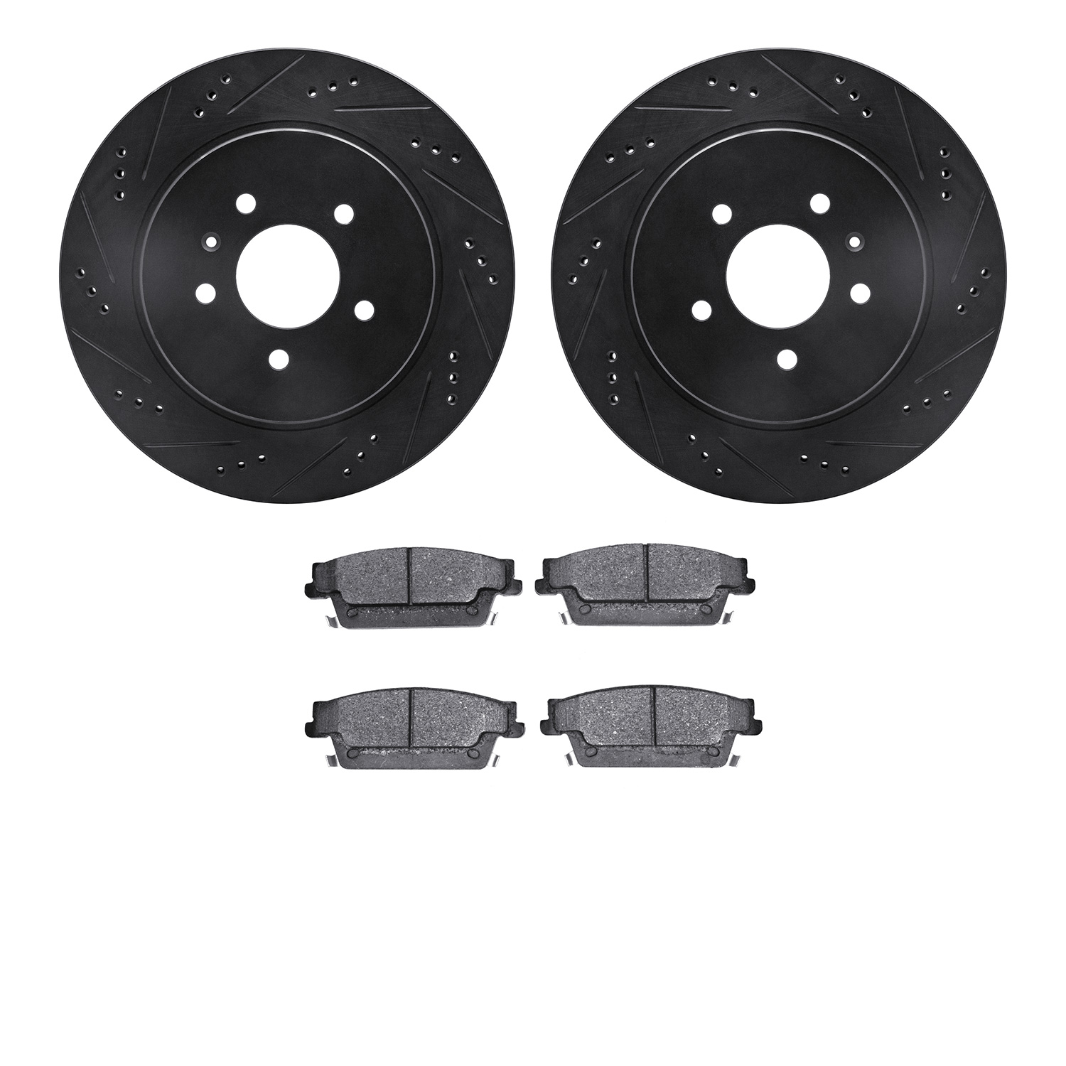 8602-46007 Drilled/Slotted Brake Rotors w/5000 Euro Ceramic Brake Pads Kit [Black], 2005-2011 GM, Position: Rear
