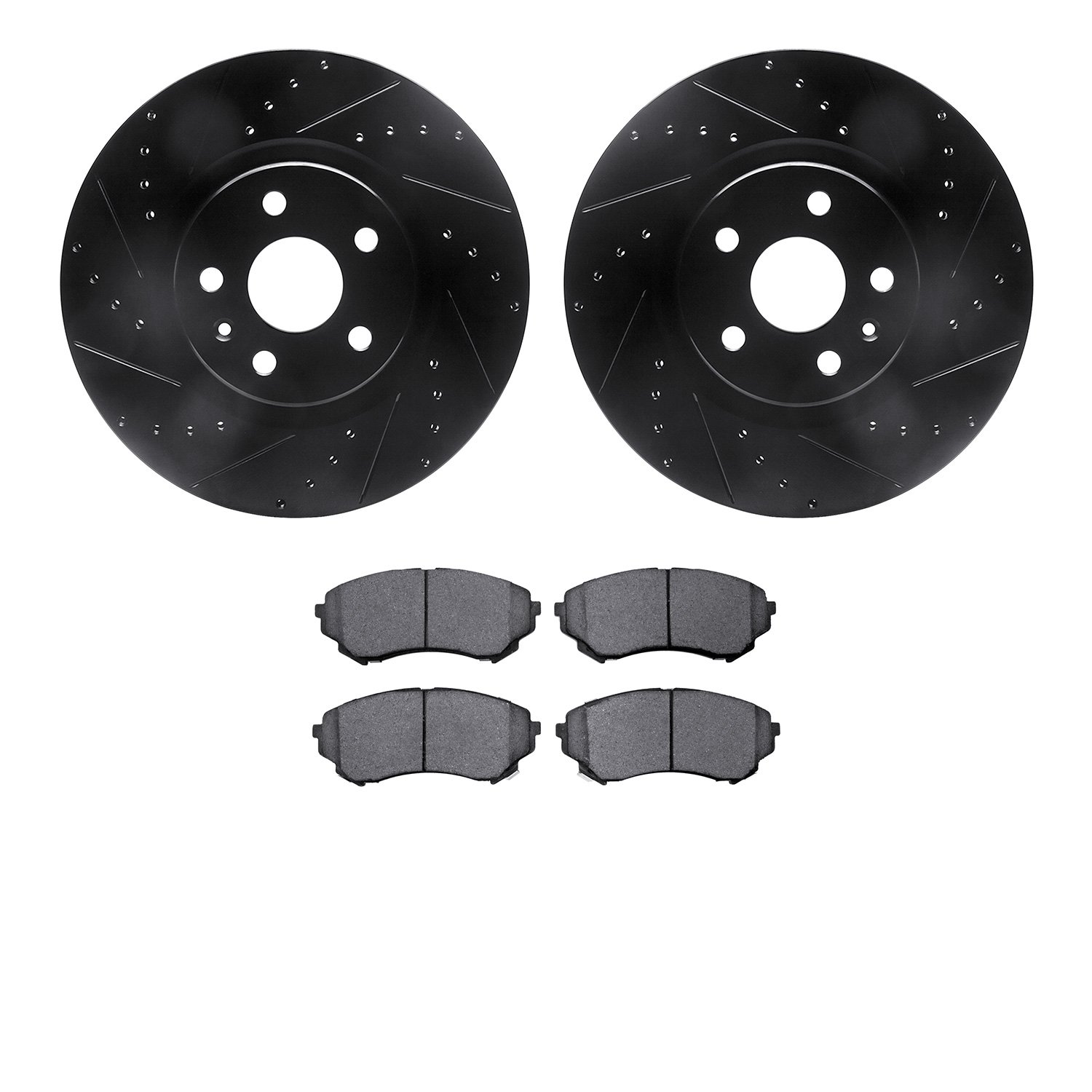 8602-46010 Drilled/Slotted Brake Rotors w/5000 Euro Ceramic Brake Pads Kit [Black], 2008-2014 GM, Position: Front