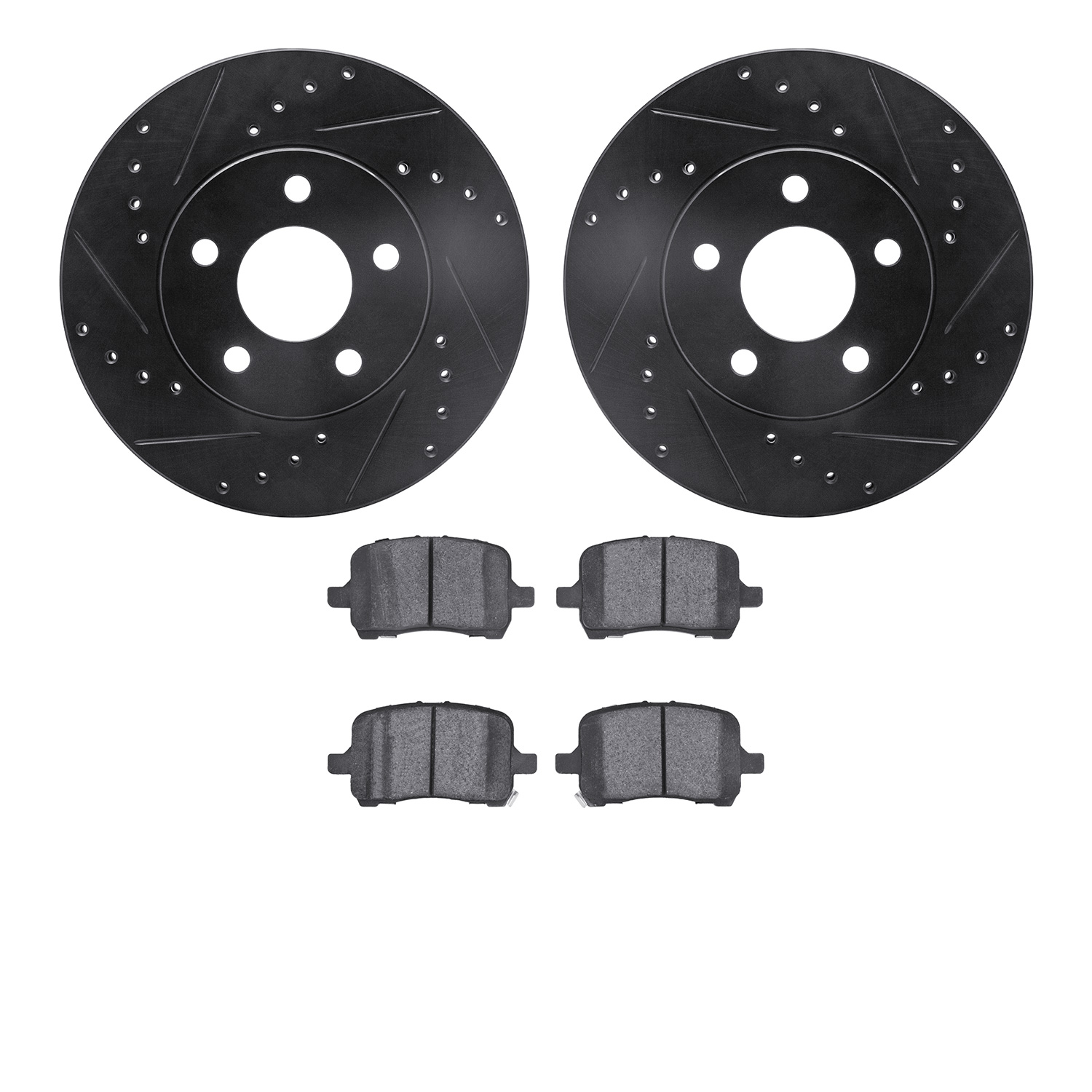 8602-47003 Drilled/Slotted Brake Rotors w/5000 Euro Ceramic Brake Pads Kit [Black], 2004-2008 GM, Position: Front