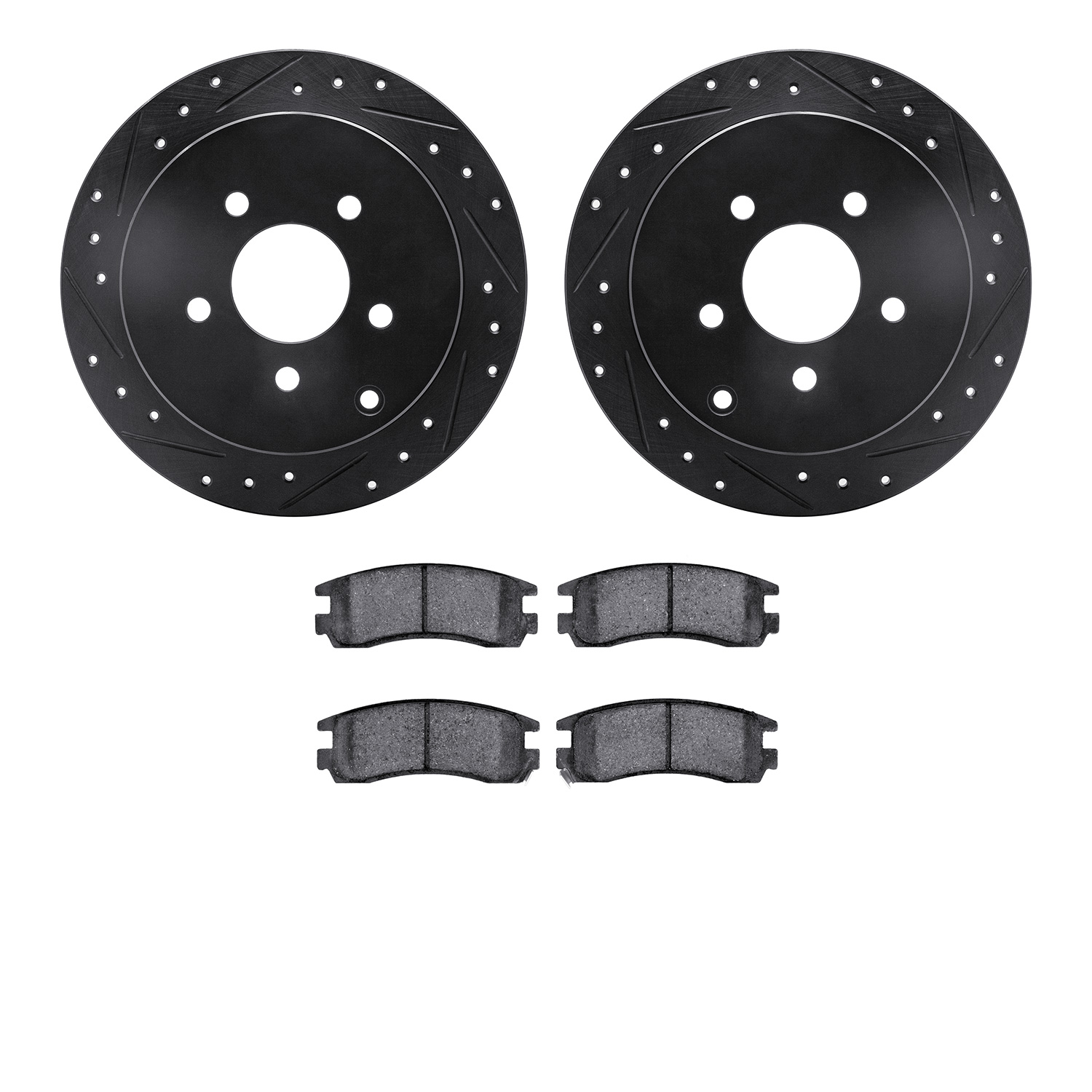 8602-47011 Drilled/Slotted Brake Rotors w/5000 Euro Ceramic Brake Pads Kit [Black], 2001-2007 GM, Position: Rear