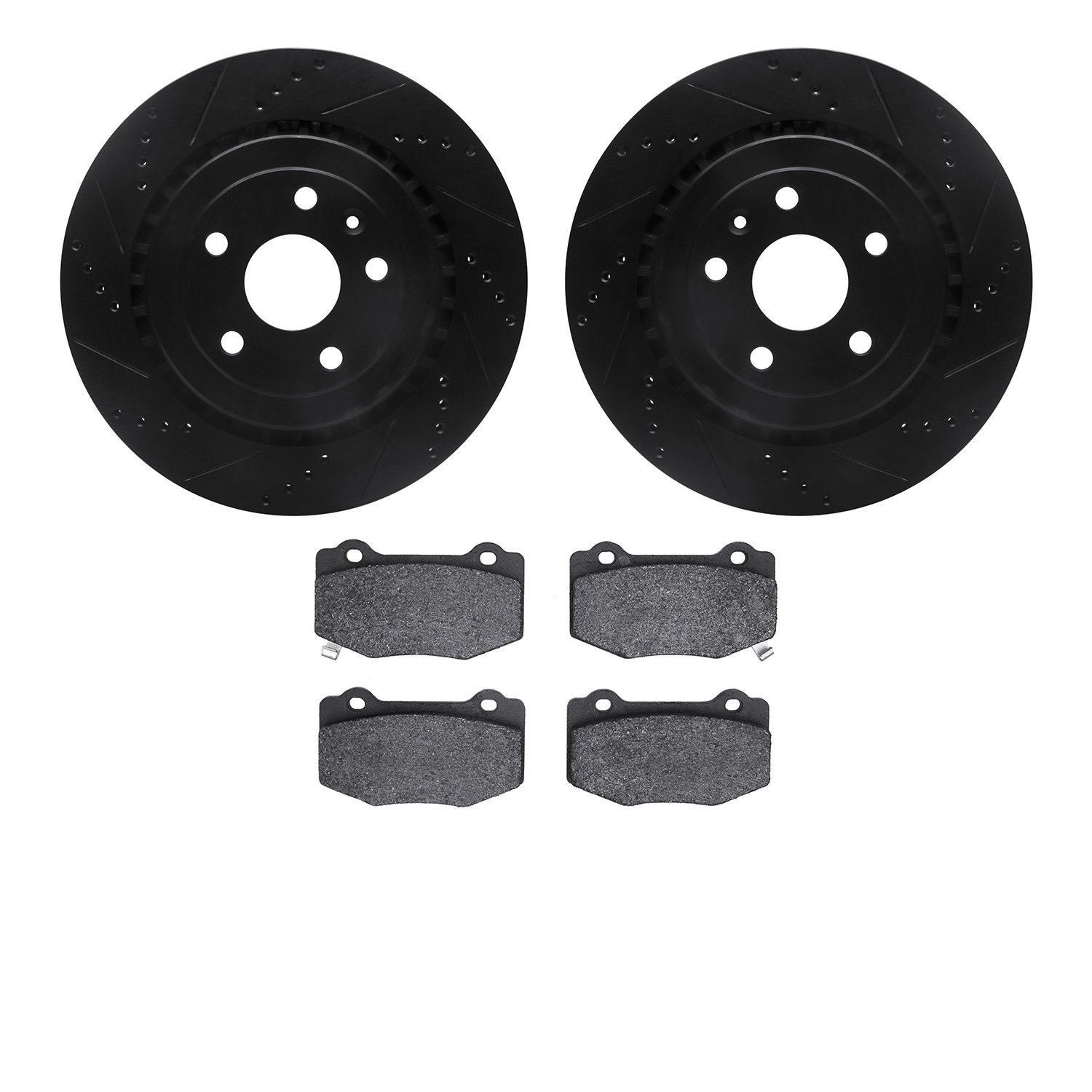 8602-47013 Drilled/Slotted Brake Rotors w/5000 Euro Ceramic Brake Pads Kit [Black], Fits Select GM, Position: Rear