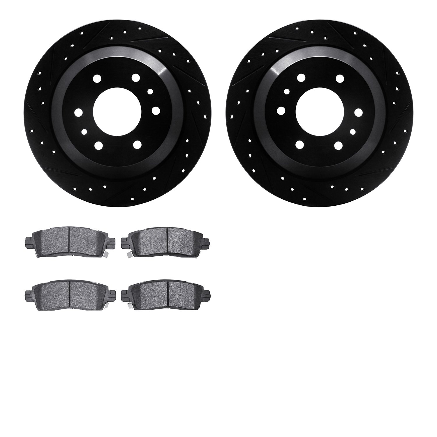 8602-48002 Drilled/Slotted Brake Rotors w/5000 Euro Ceramic Brake Pads Kit [Black], 2002-2009 GM, Position: Rear