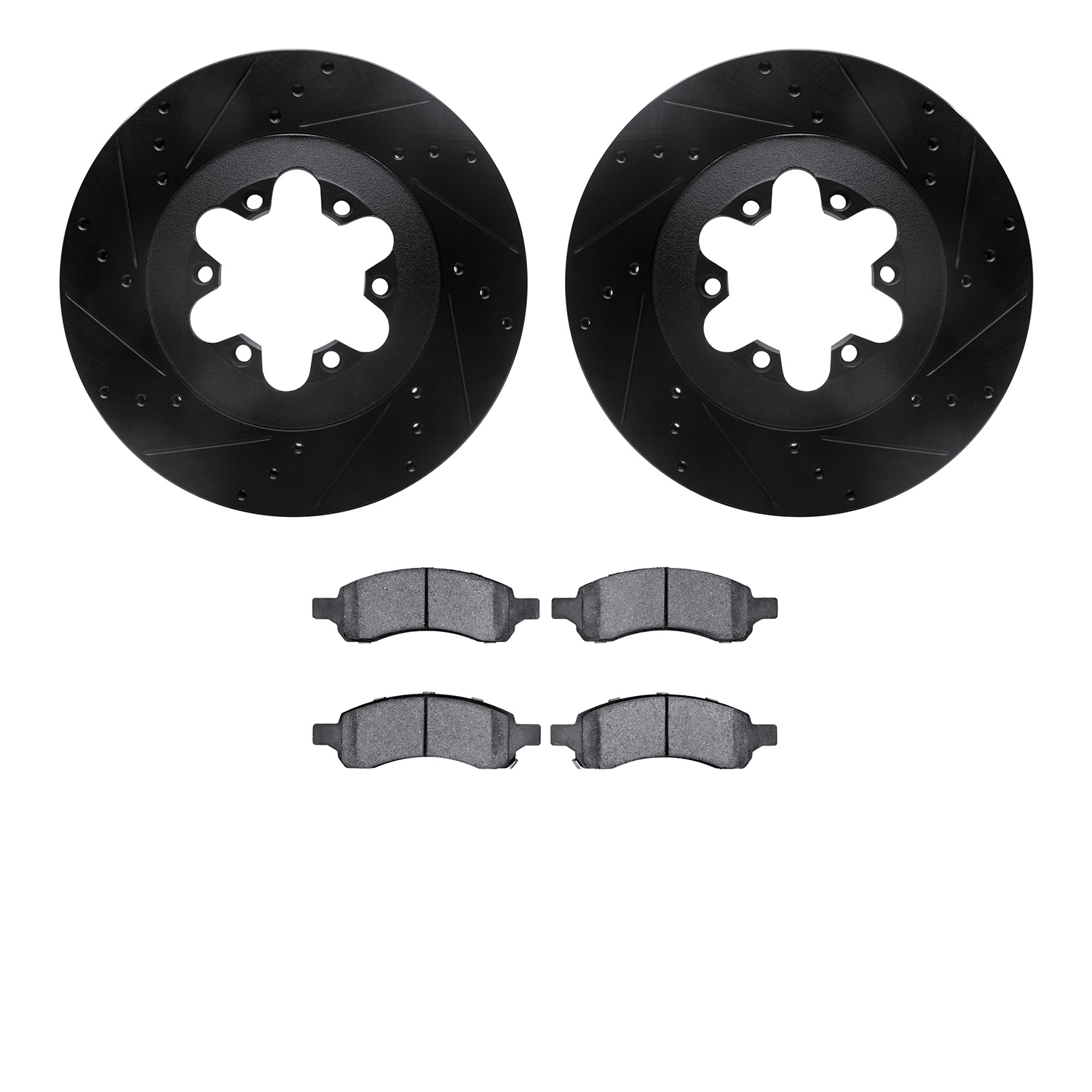8602-48007 Drilled/Slotted Brake Rotors w/5000 Euro Ceramic Brake Pads Kit [Black], 2009-2012 GM, Position: Front