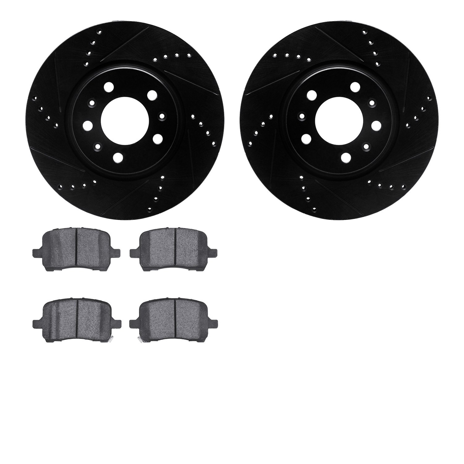 8602-53001 Drilled/Slotted Brake Rotors w/5000 Euro Ceramic Brake Pads Kit [Black], 2006-2010 GM, Position: Front