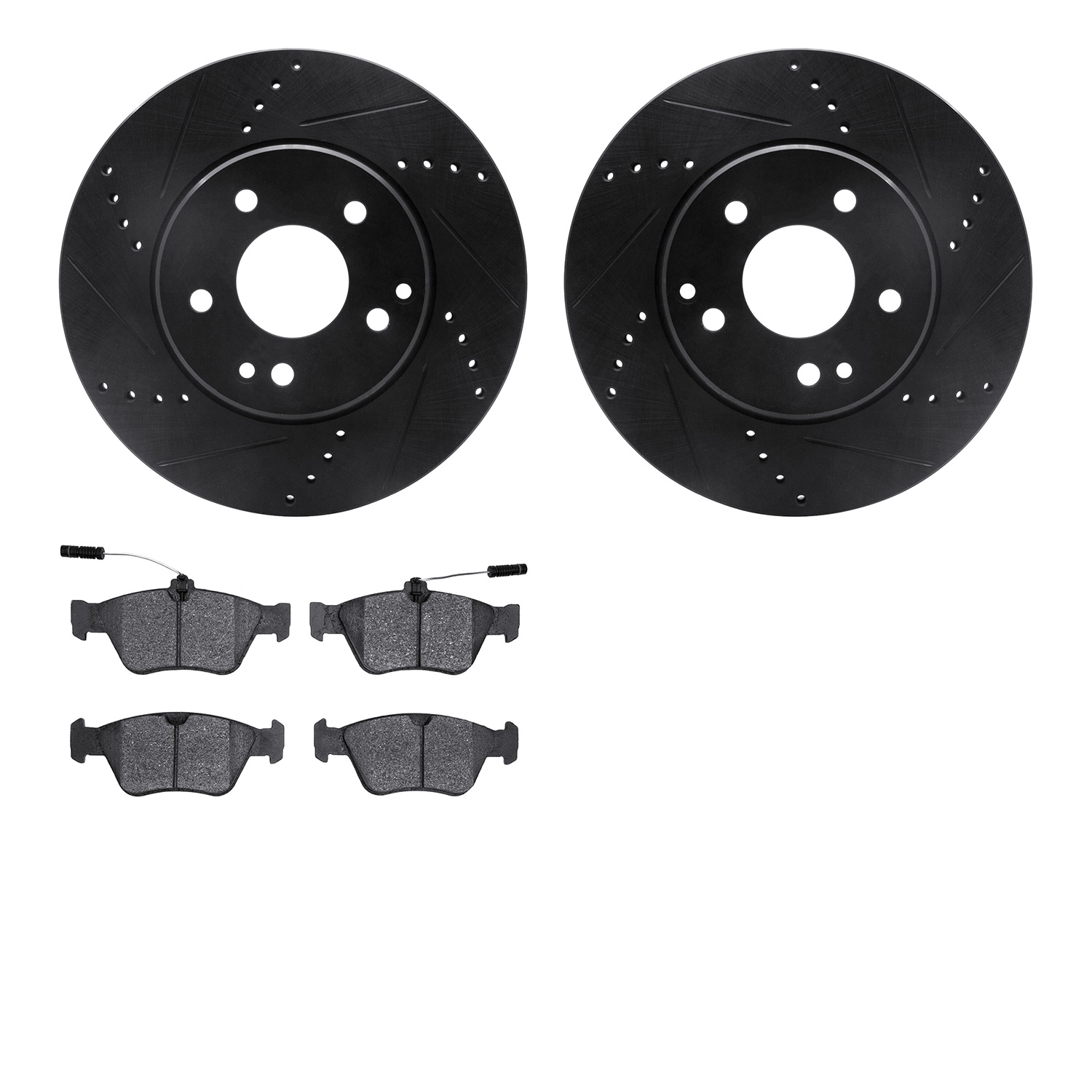 8602-63043 Drilled/Slotted Brake Rotors w/5000 Euro Ceramic Brake Pads Kit [Black], 1996-2004 Mercedes-Benz, Position: Front