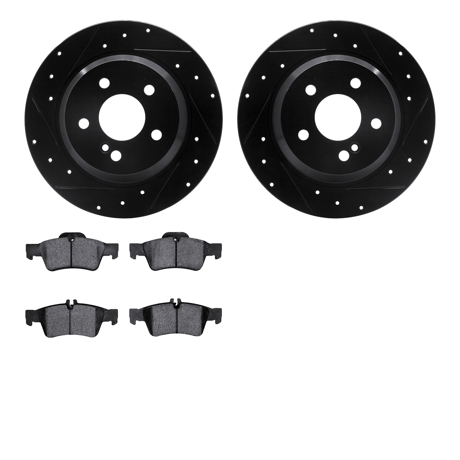8602-63048 Drilled/Slotted Brake Rotors w/5000 Euro Ceramic Brake Pads Kit [Black], 2003-2016 Mercedes-Benz, Position: Rear