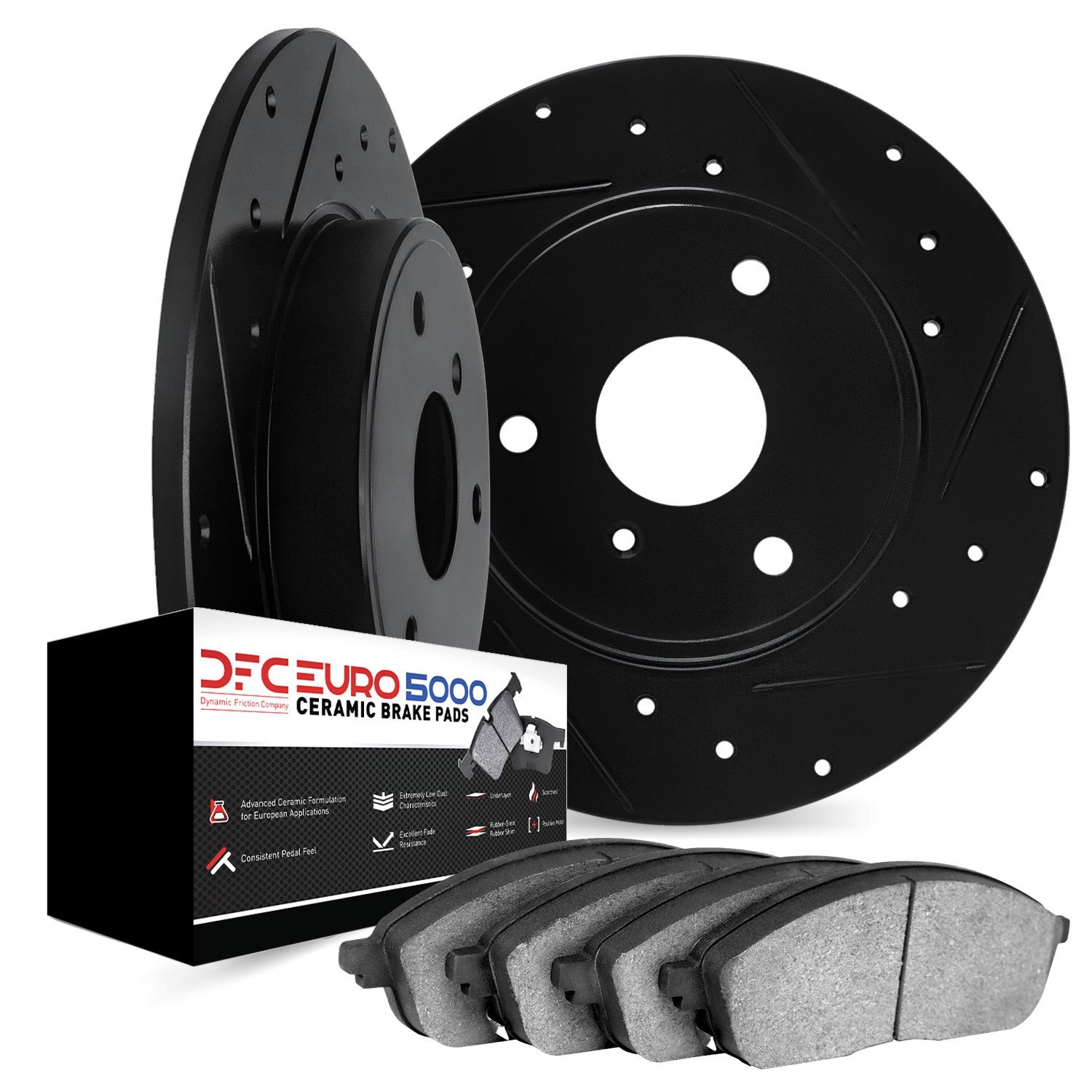 8602-63053 Drilled/Slotted Brake Rotors w/5000 Euro Ceramic Brake Pads Kit [Black], 2005-2016 Smart, Position: Front