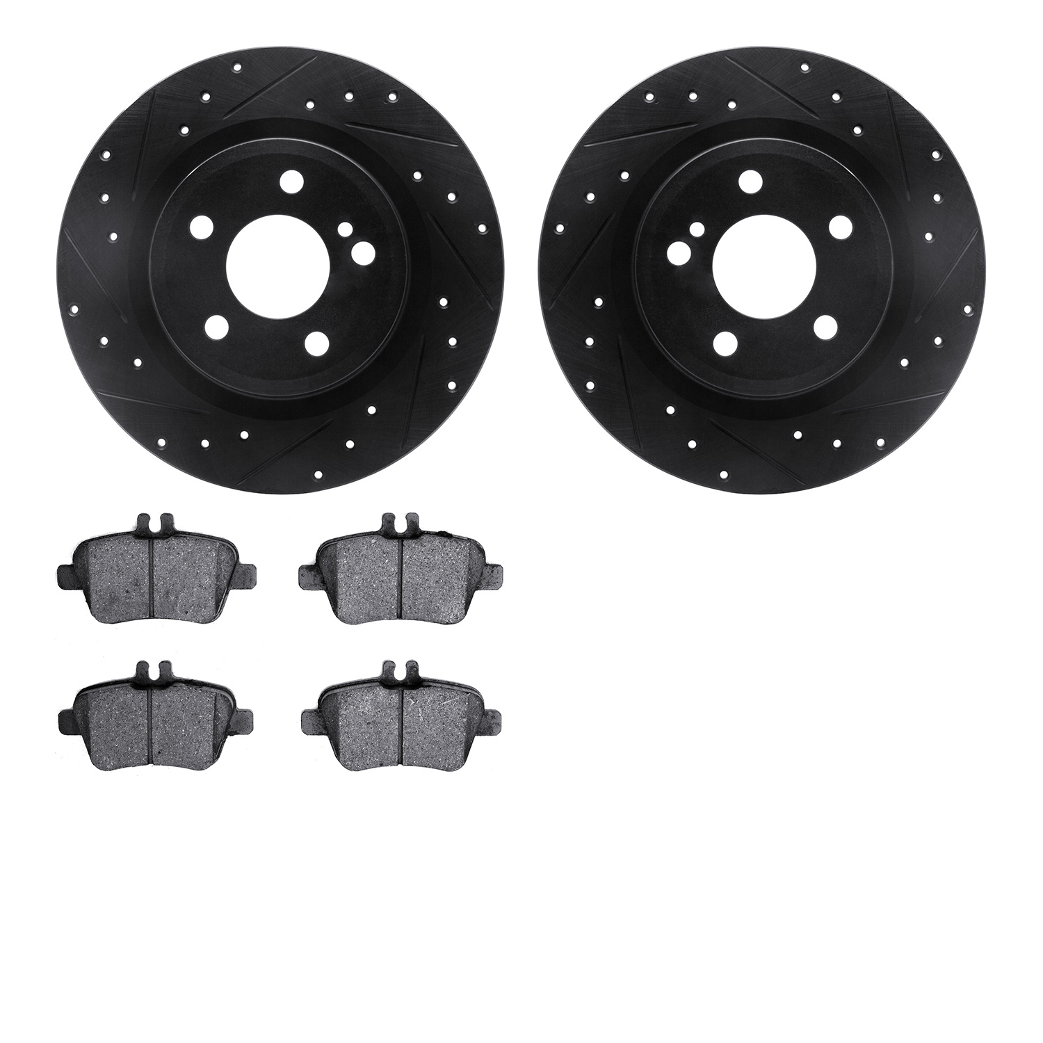 8602-63055 Drilled/Slotted Brake Rotors w/5000 Euro Ceramic Brake Pads Kit [Black], 2012-2020 Mercedes-Benz, Position: Rear