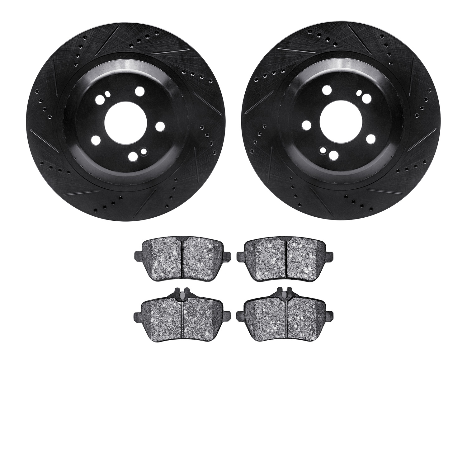 8602-63058 Drilled/Slotted Brake Rotors w/5000 Euro Ceramic Brake Pads Kit [Black], 2014-2021 Mercedes-Benz, Position: Rear