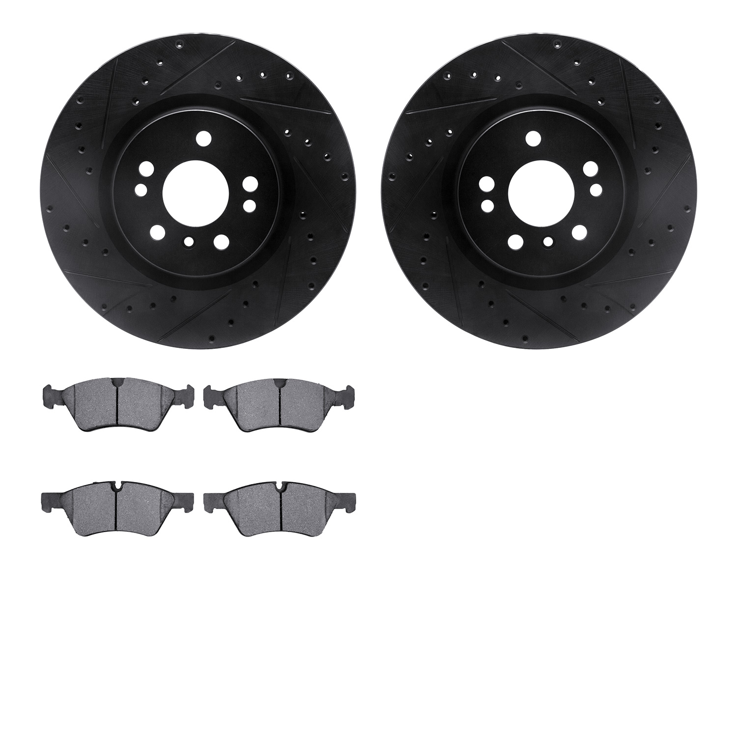 8602-63067 Drilled/Slotted Brake Rotors w/5000 Euro Ceramic Brake Pads Kit [Black], 2006-2012 Mercedes-Benz, Position: Front