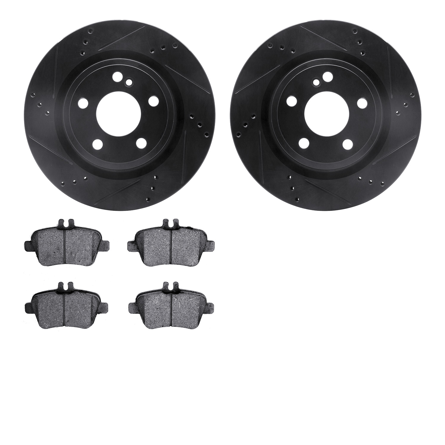 8602-63080 Drilled/Slotted Brake Rotors w/5000 Euro Ceramic Brake Pads Kit [Black], 2014-2019 Mercedes-Benz, Position: Rear