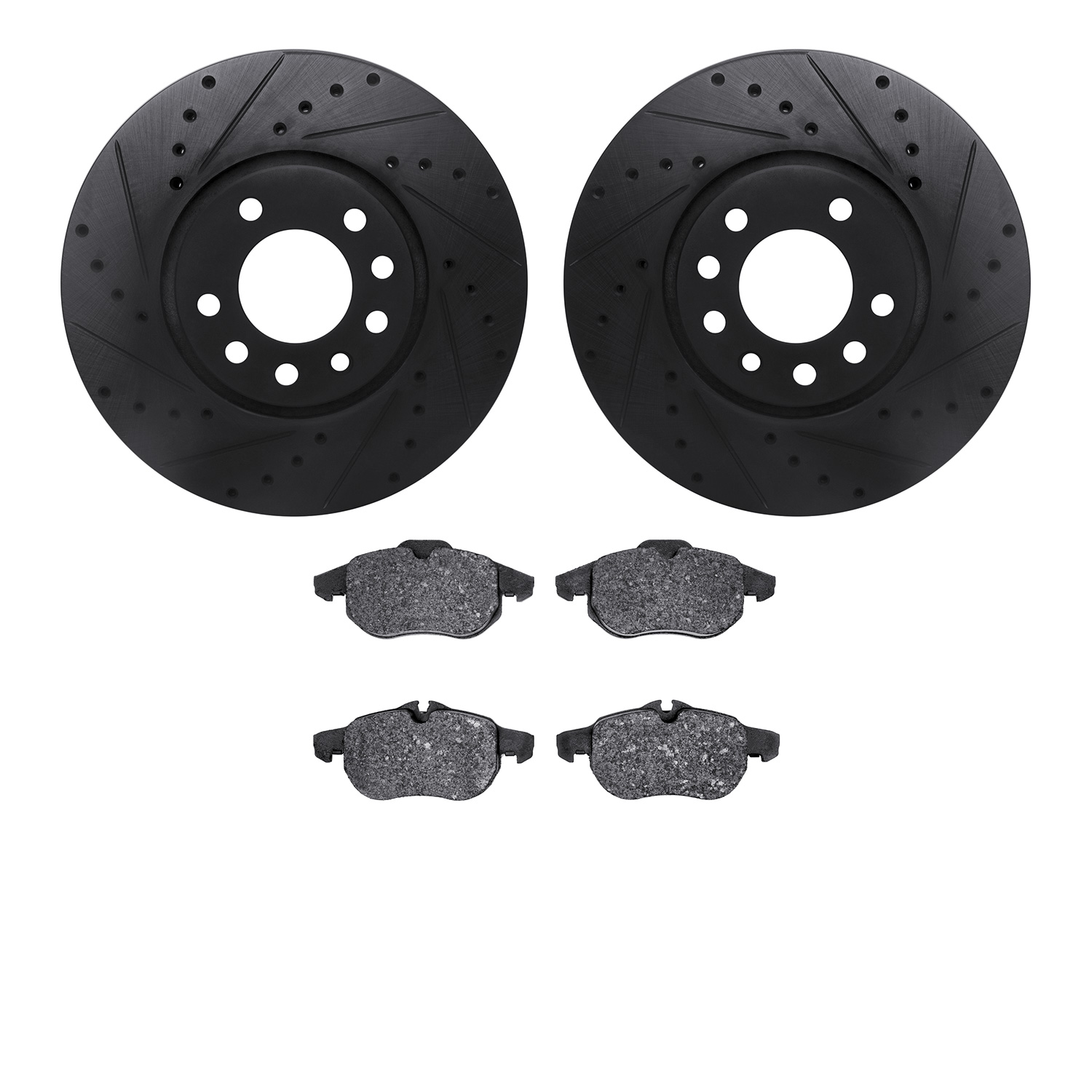 8602-65013 Drilled/Slotted Brake Rotors w/5000 Euro Ceramic Brake Pads Kit [Black], 2003-2011 GM, Position: Front