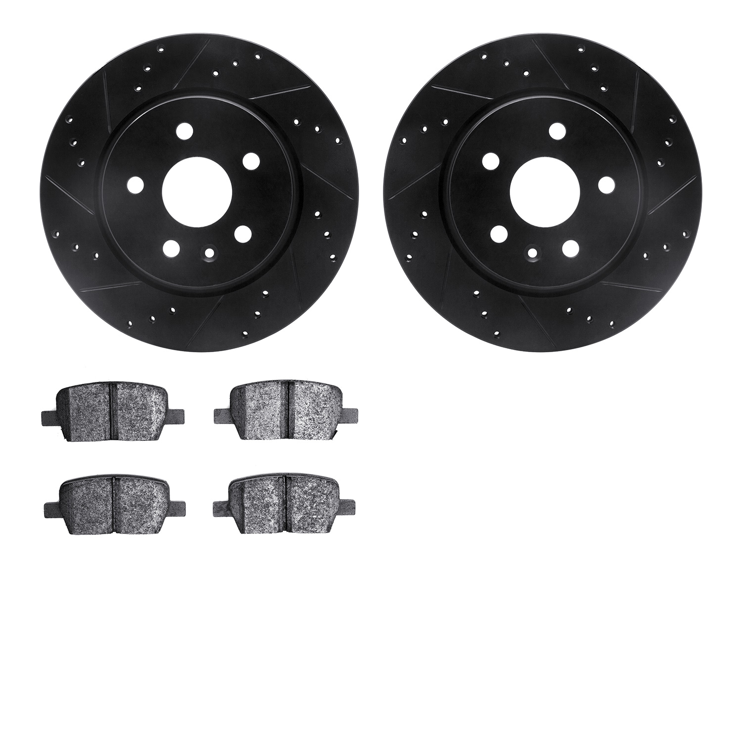 8602-65019 Drilled/Slotted Brake Rotors w/5000 Euro Ceramic Brake Pads Kit [Black], Fits Select GM, Position: Rear