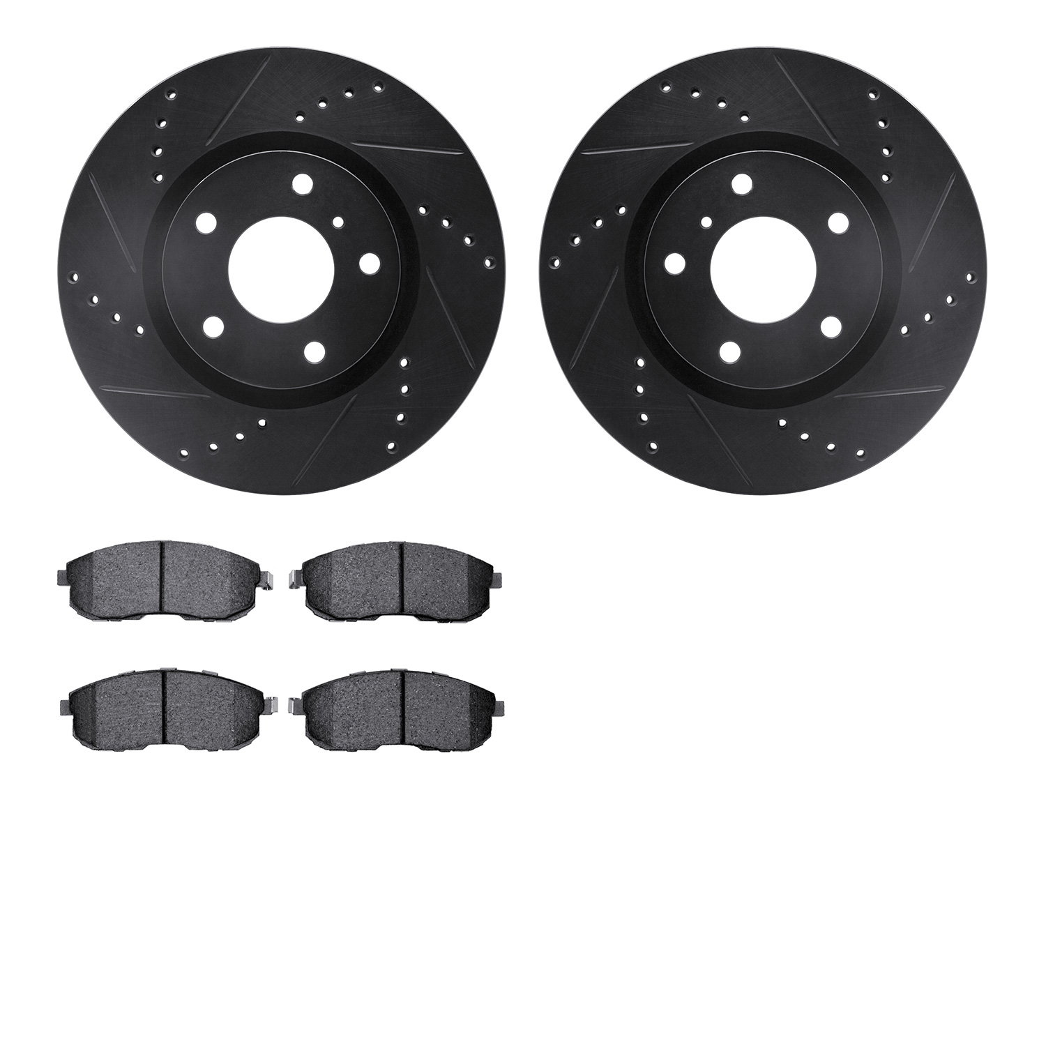 8602-68000 Drilled/Slotted Brake Rotors w/5000 Euro Ceramic Brake Pads Kit [Black], 2003-2005 Infiniti/Nissan, Position: Front