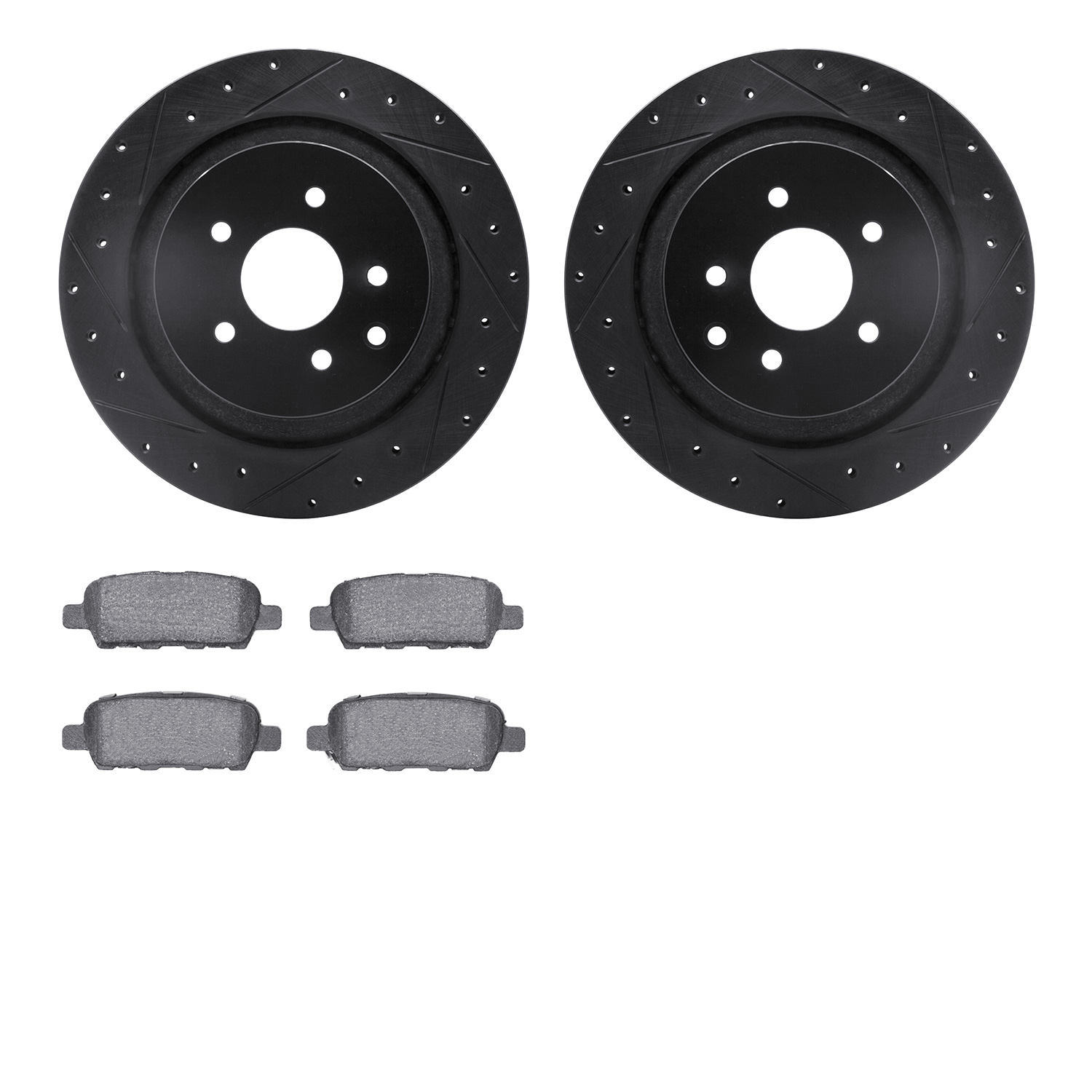 8602-68003 Drilled/Slotted Brake Rotors w/5000 Euro Ceramic Brake Pads Kit [Black], 2007-2015 Infiniti/Nissan, Position: Rear